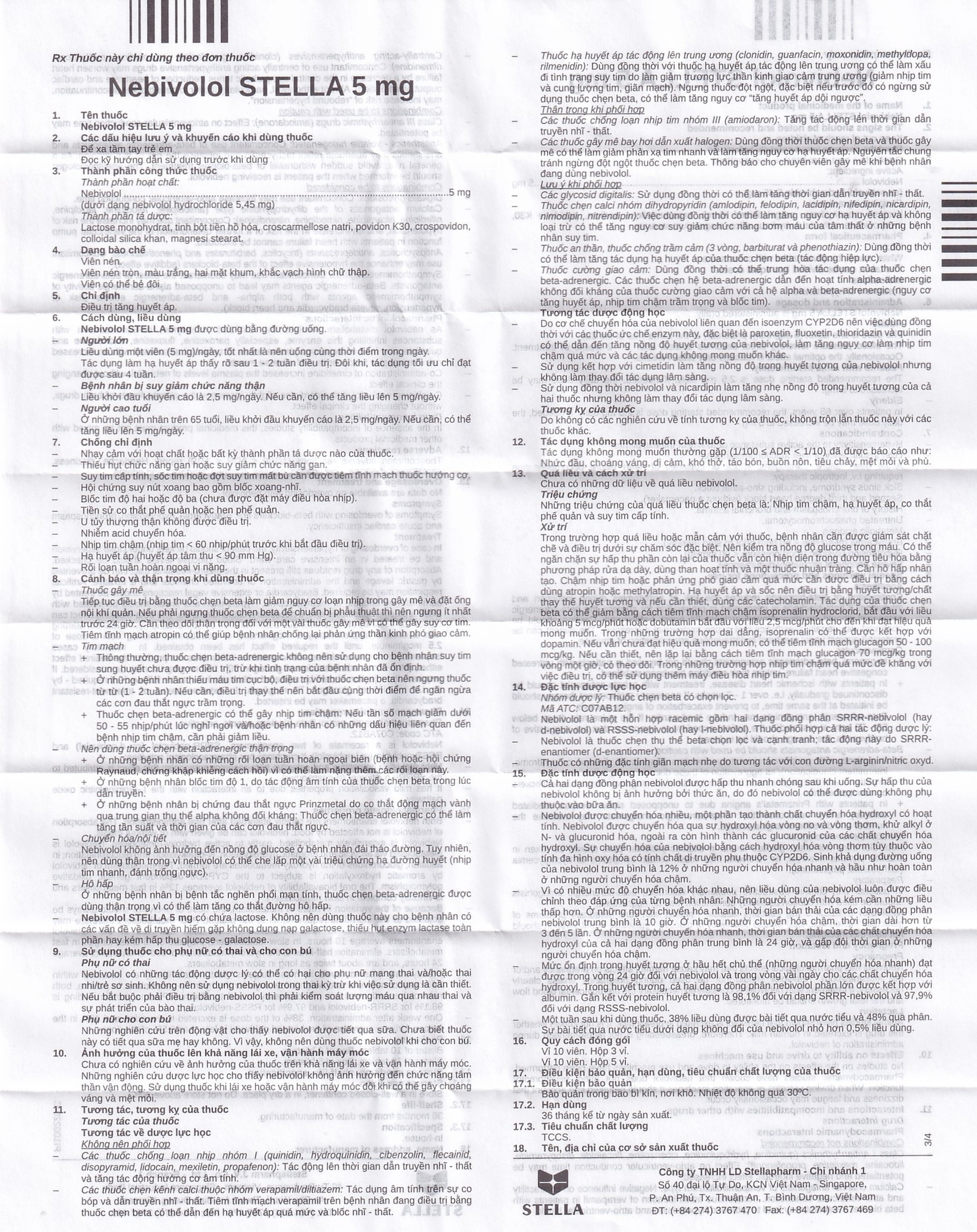 Viên nén Nebivolol Stella 5mg điều trị tăng huyết áp (3 vỉ x 10 viên)