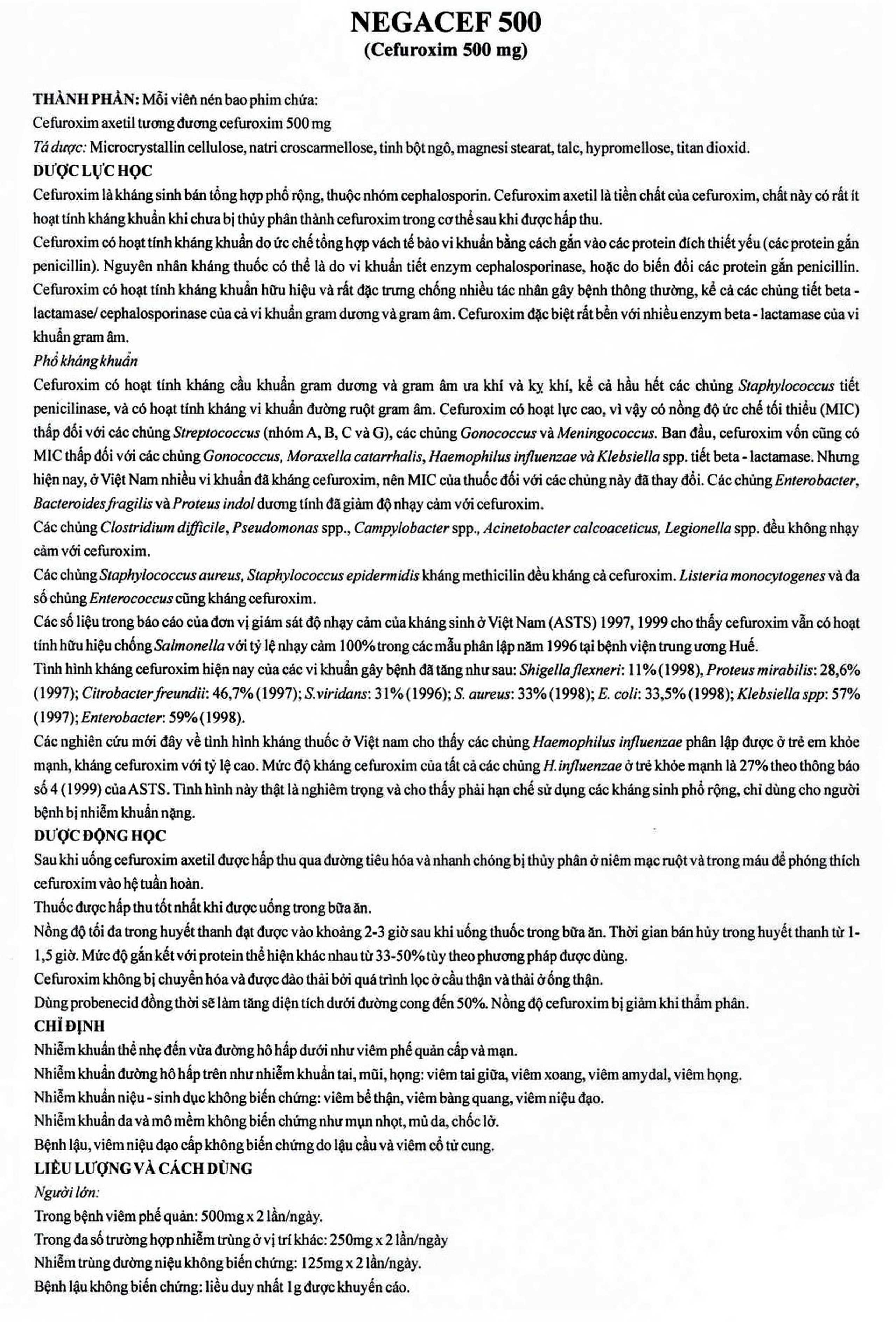 Thuốc Negacef 500 Pymepharco điều trị nhiễm khuẩn đường hô hấp, nhiễm khuẩn tai mũi họng (2 vỉ x 5 viên) 