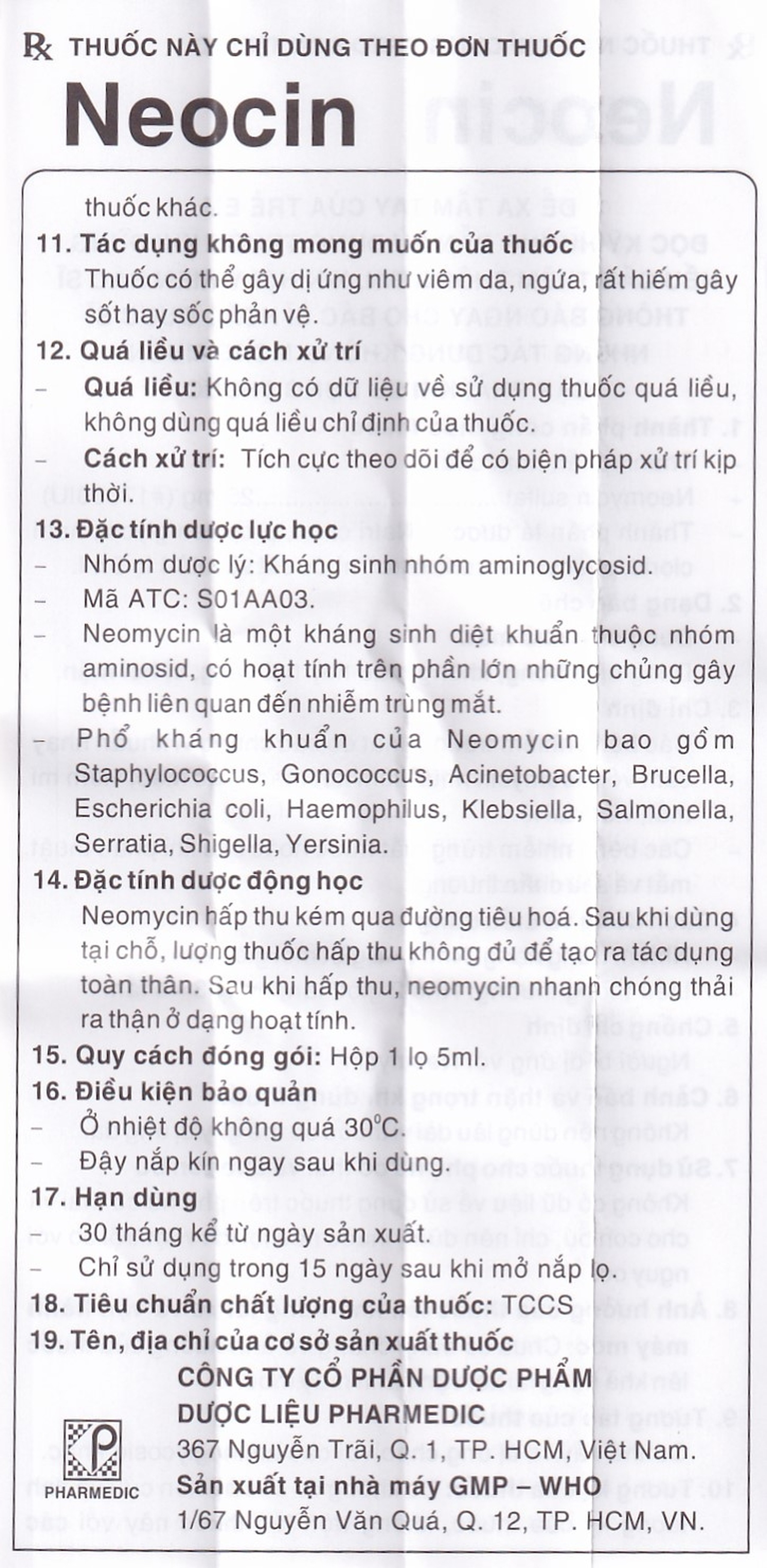 Thuốc nhỏ mắt Neocin Pharmedic điều trị viêm kết mạc, giác mạc (5ml)