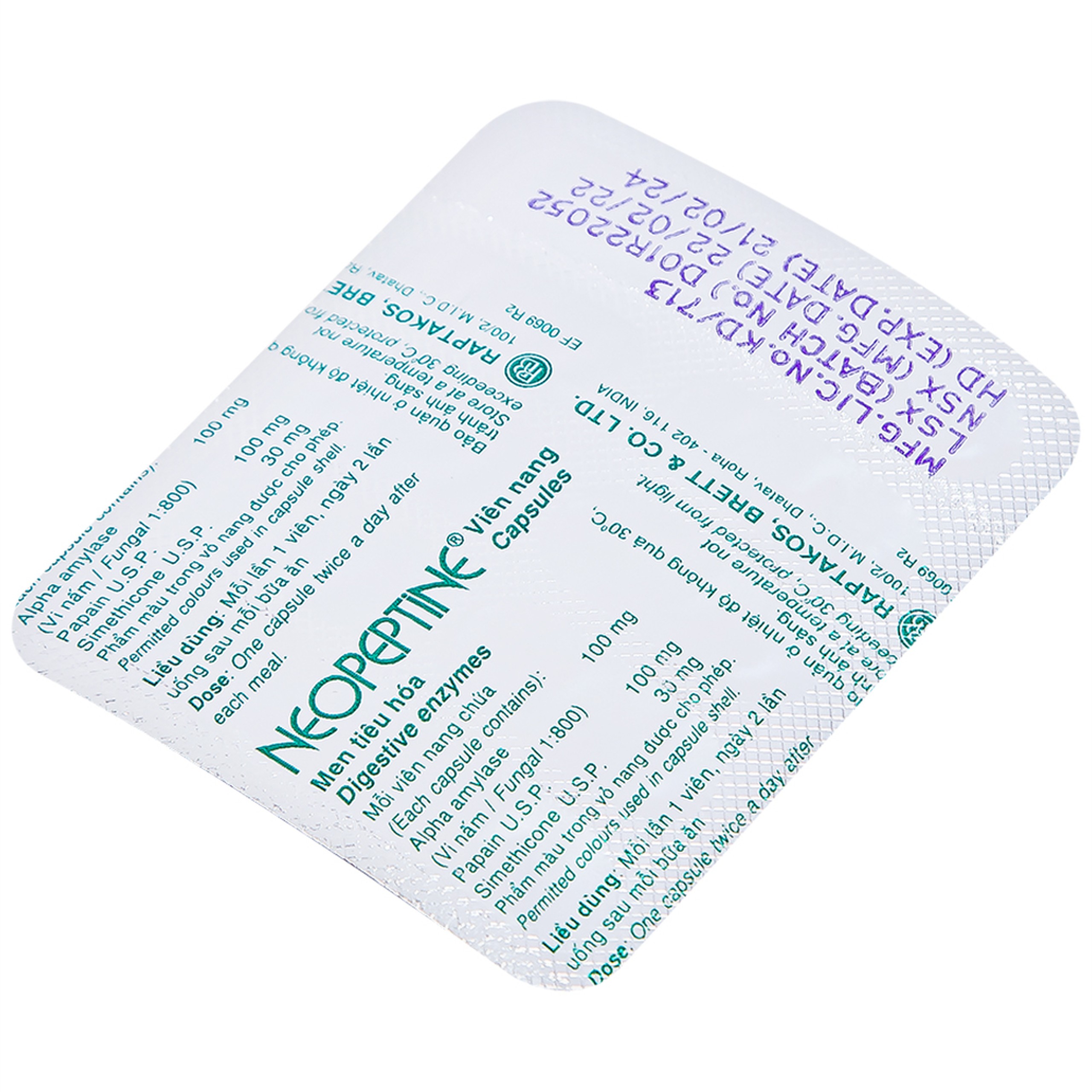 Men tiêu hóa Neopeptine Raptakos hỗ trợ điều trị đầy hơi, khó tiêu, biếng ăn (10 vỉ x 10 viên) 