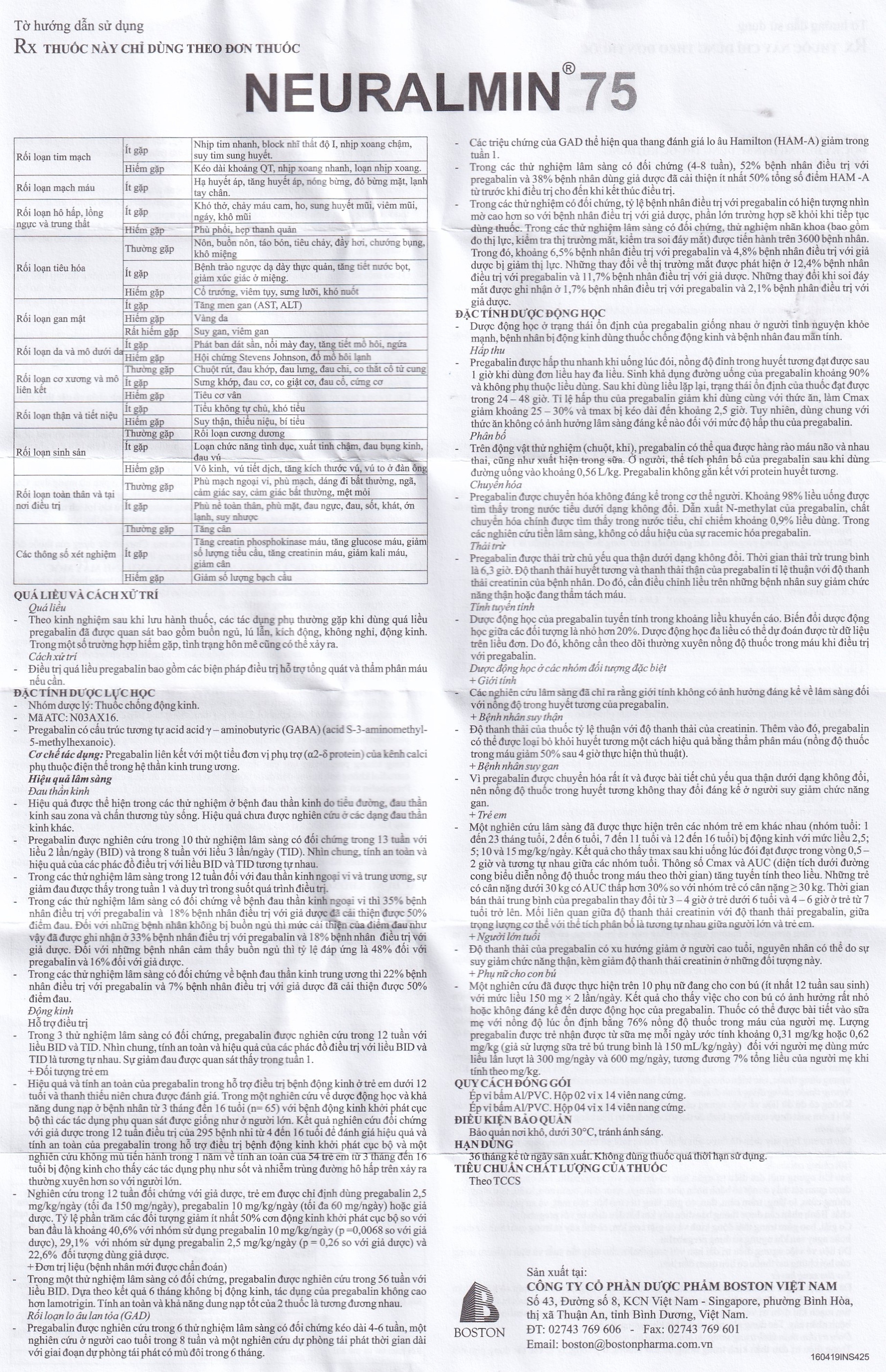 Viên nang cứng Neuralmin 75 Boston Pharma điều trị đau thần kinh, động kinh, rối loạn lo âu (2 vỉ x 14 viên)