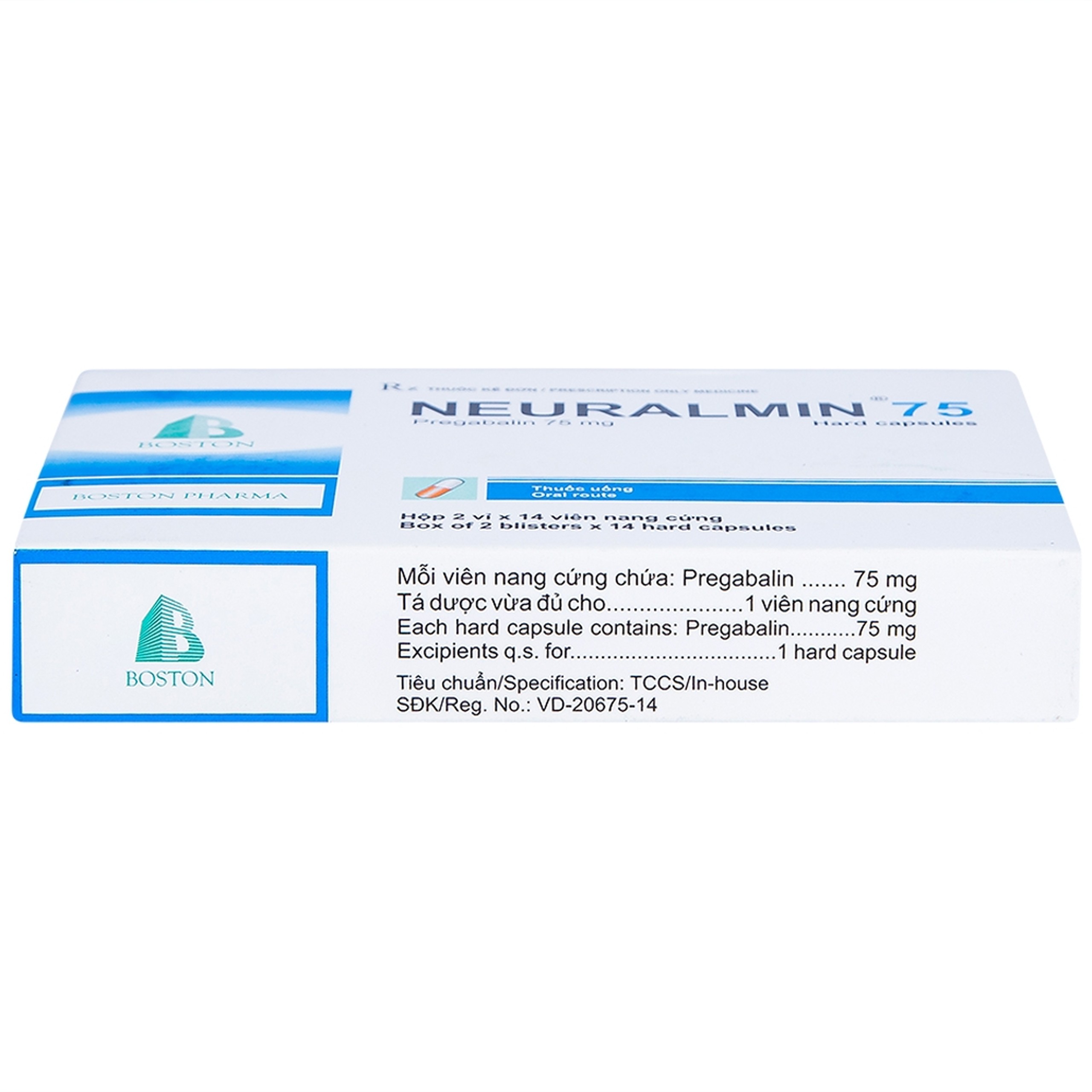 Viên nang cứng Neuralmin 75 Boston Pharma điều trị đau thần kinh, động kinh, rối loạn lo âu (2 vỉ x 14 viên)