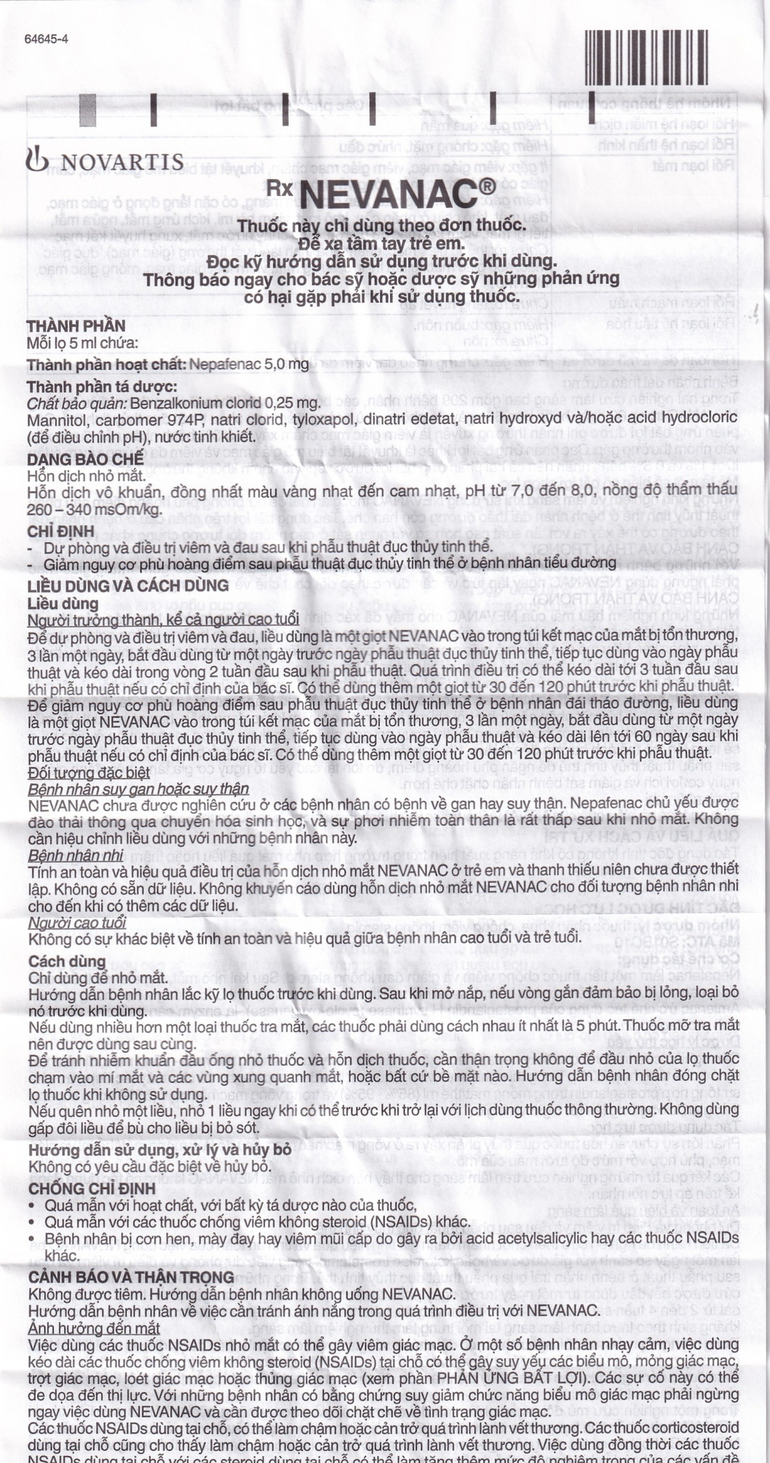 Thuốc nhỏ mắt Nevanac Alcon điều trị viêm, đau sau phẫu thuật đục thủy tinh thể (5ml)