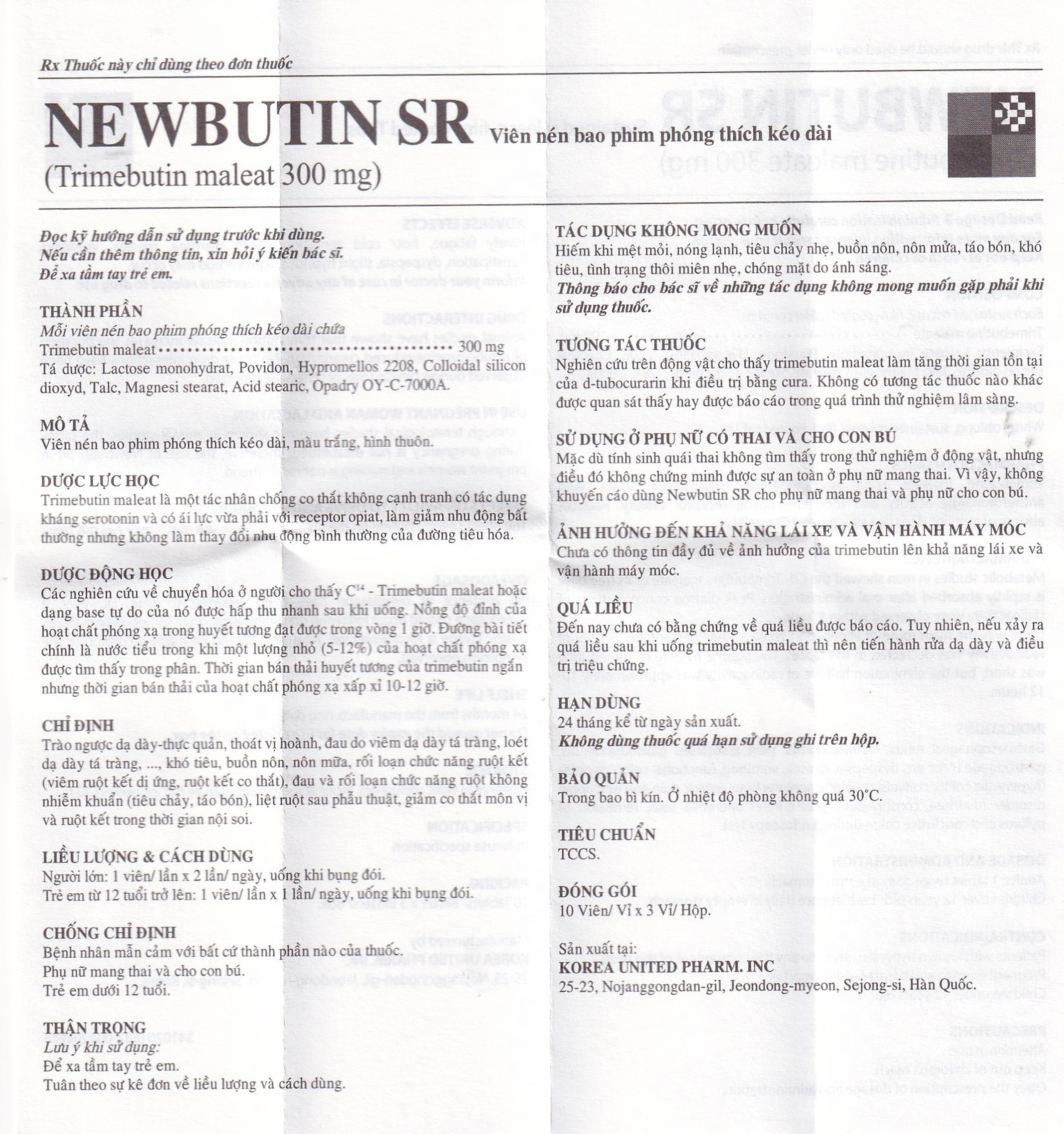 Viên nén Newbutin SR 300mg Korea United điều trị trào ngược dạ dày - thực quản (3 vỉ x 10 viên)