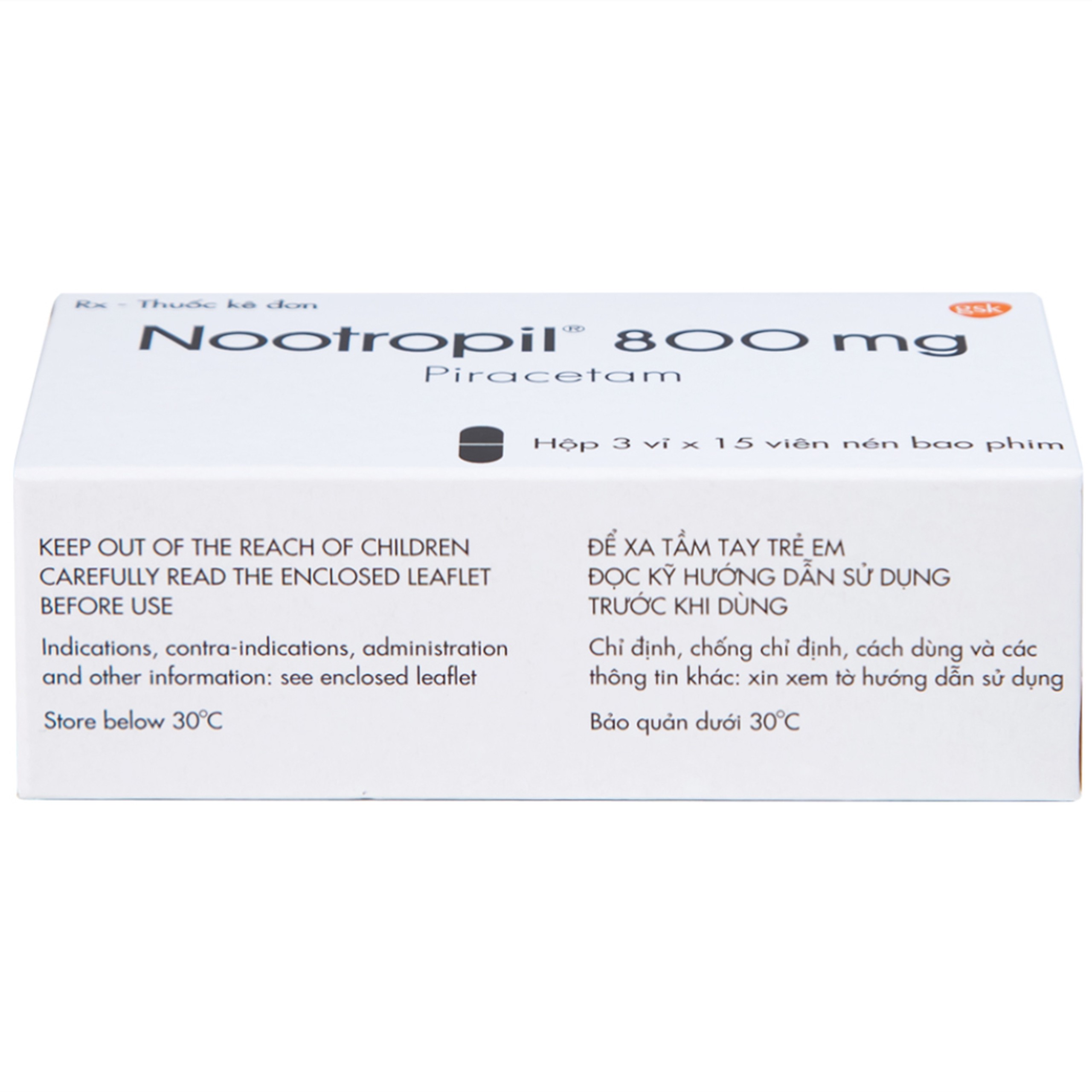 Viên nén Nootropil 800mg GSK điều trị hội chứng tâm thần (3 vỉ x 15 viên)