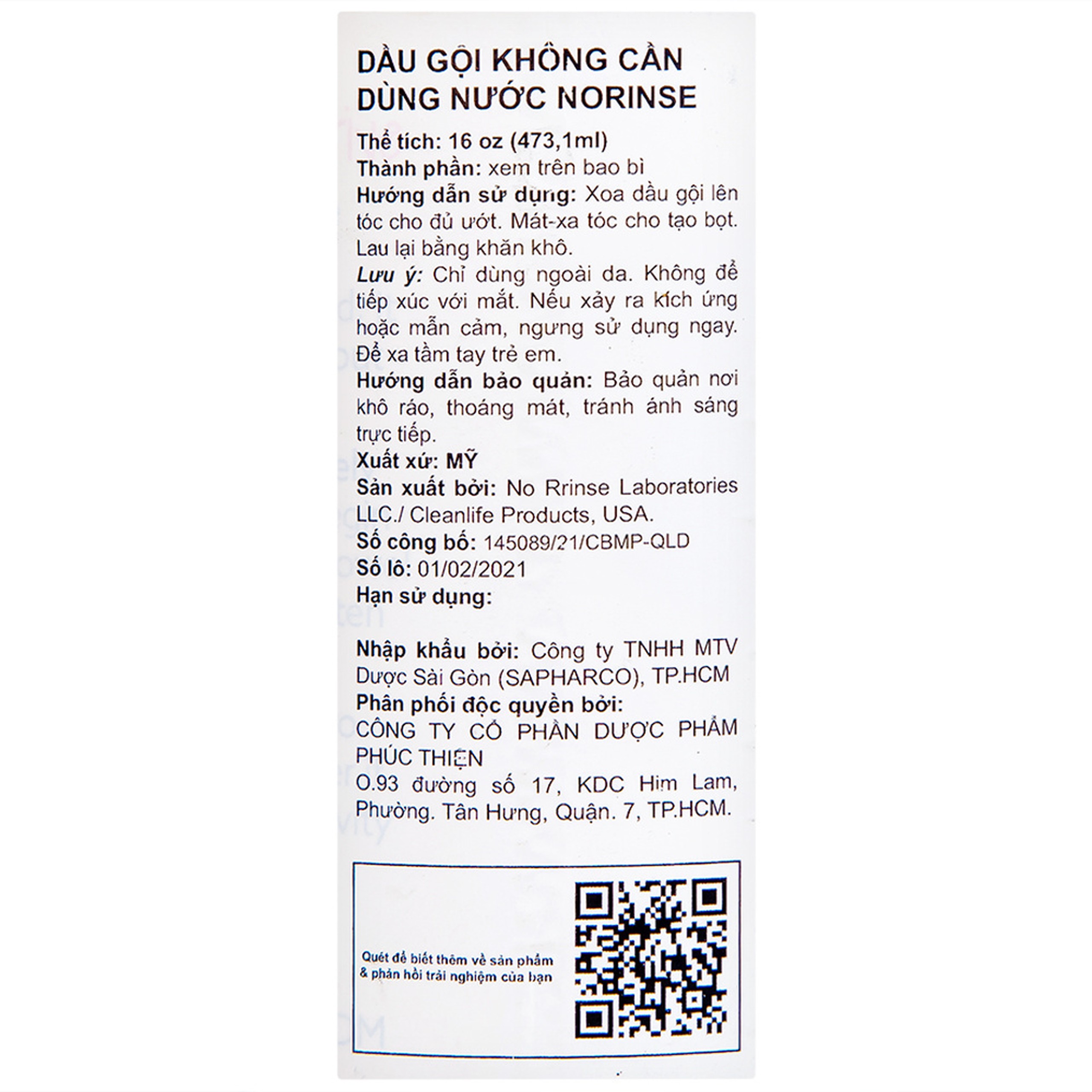 Dầu gội không dùng nước NoRinse Shampoo làm sạch tóc nhẹ nhàng (473.1ml)