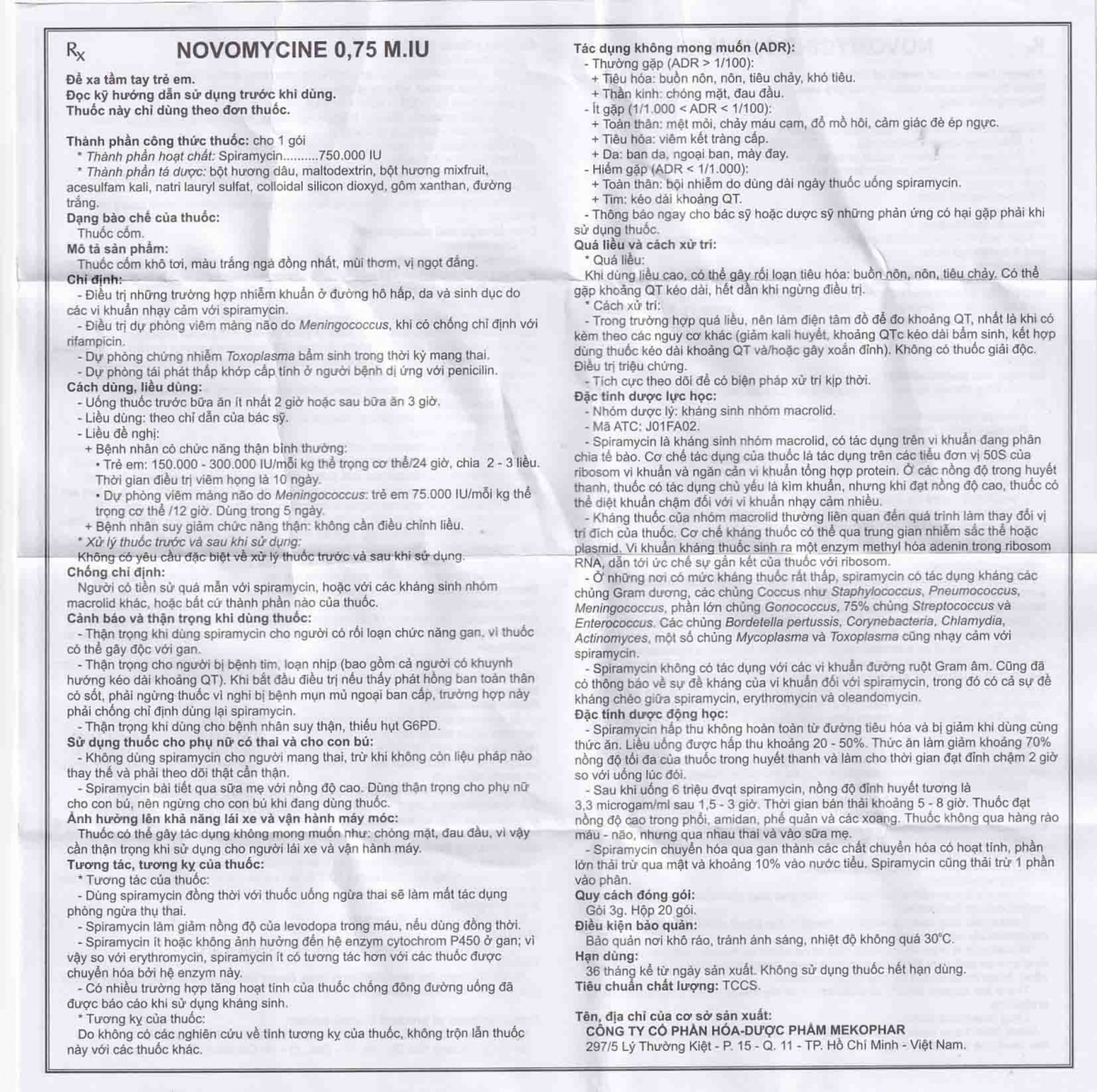 Thuốc cốm Novomycine 0,75 M.IU Mekophar điều trị nhiễm khuẩn đường hô hấp, da và sinh dục (20 gói x 3g)