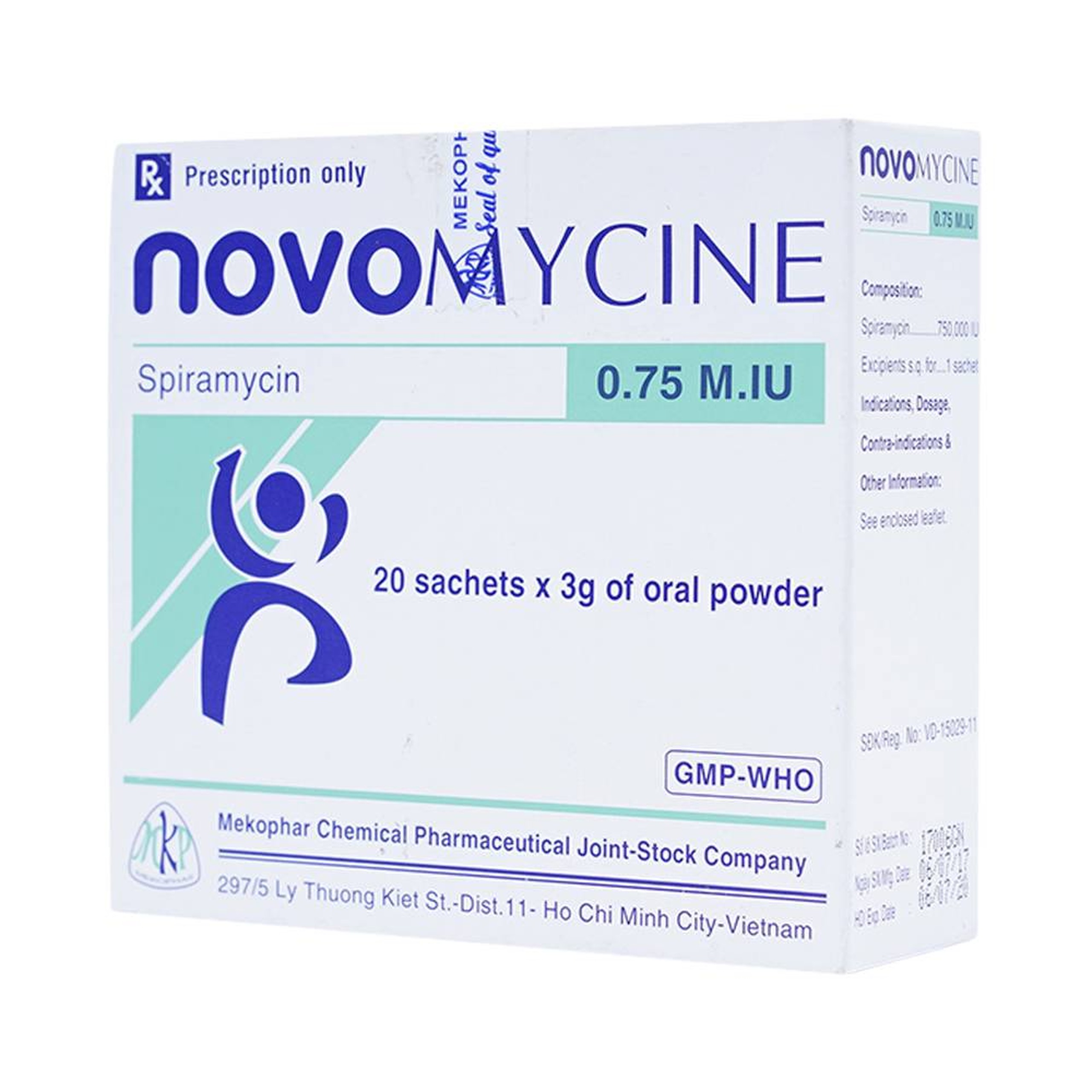 Thuốc cốm Novomycine 0,75 M.IU Mekophar điều trị nhiễm khuẩn đường hô hấp, da và sinh dục (20 gói x 3g)