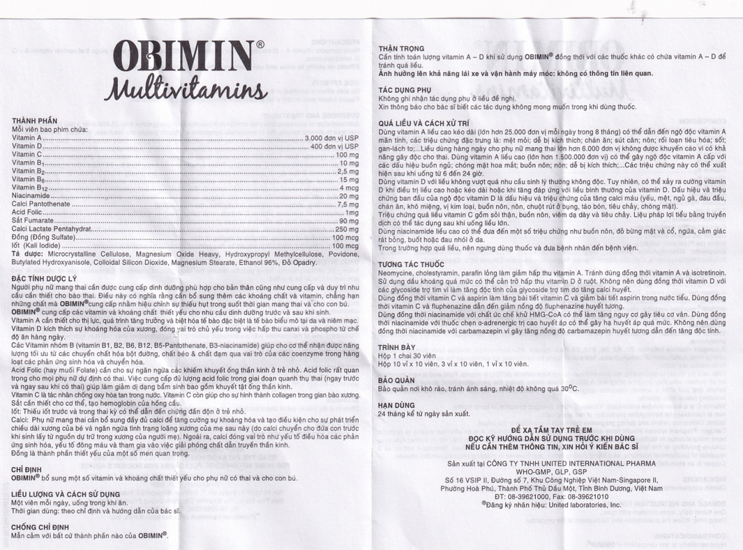 Viên nén Obimin Multivitamins United bổ sung vitamin và khoáng chất (3 vỉ x 10 viên)