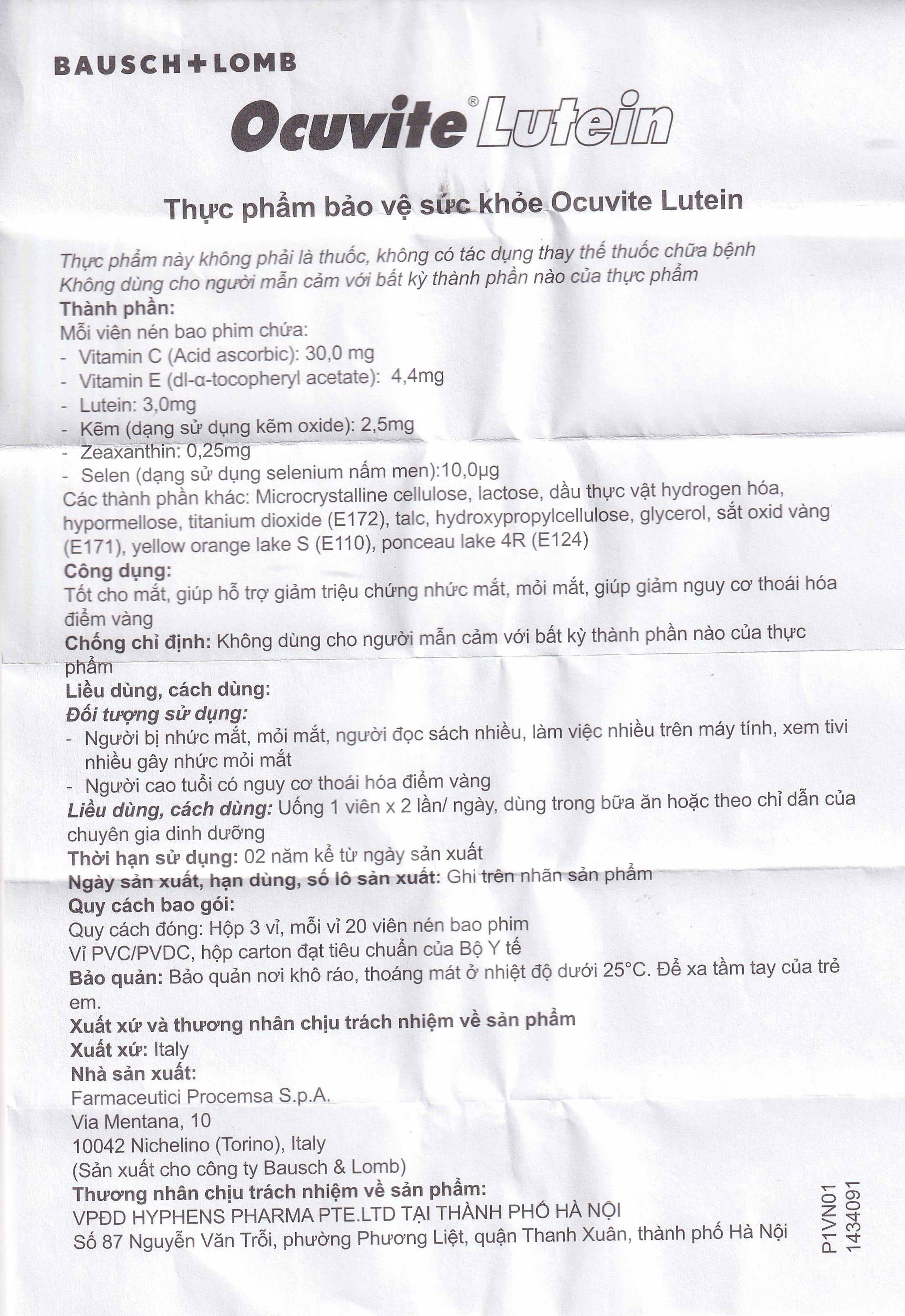 Viên nén Ocuvite Lutein Bausch & Lomb hỗ trợ tăng cường thị lực (3 vỉ x 20 viên)