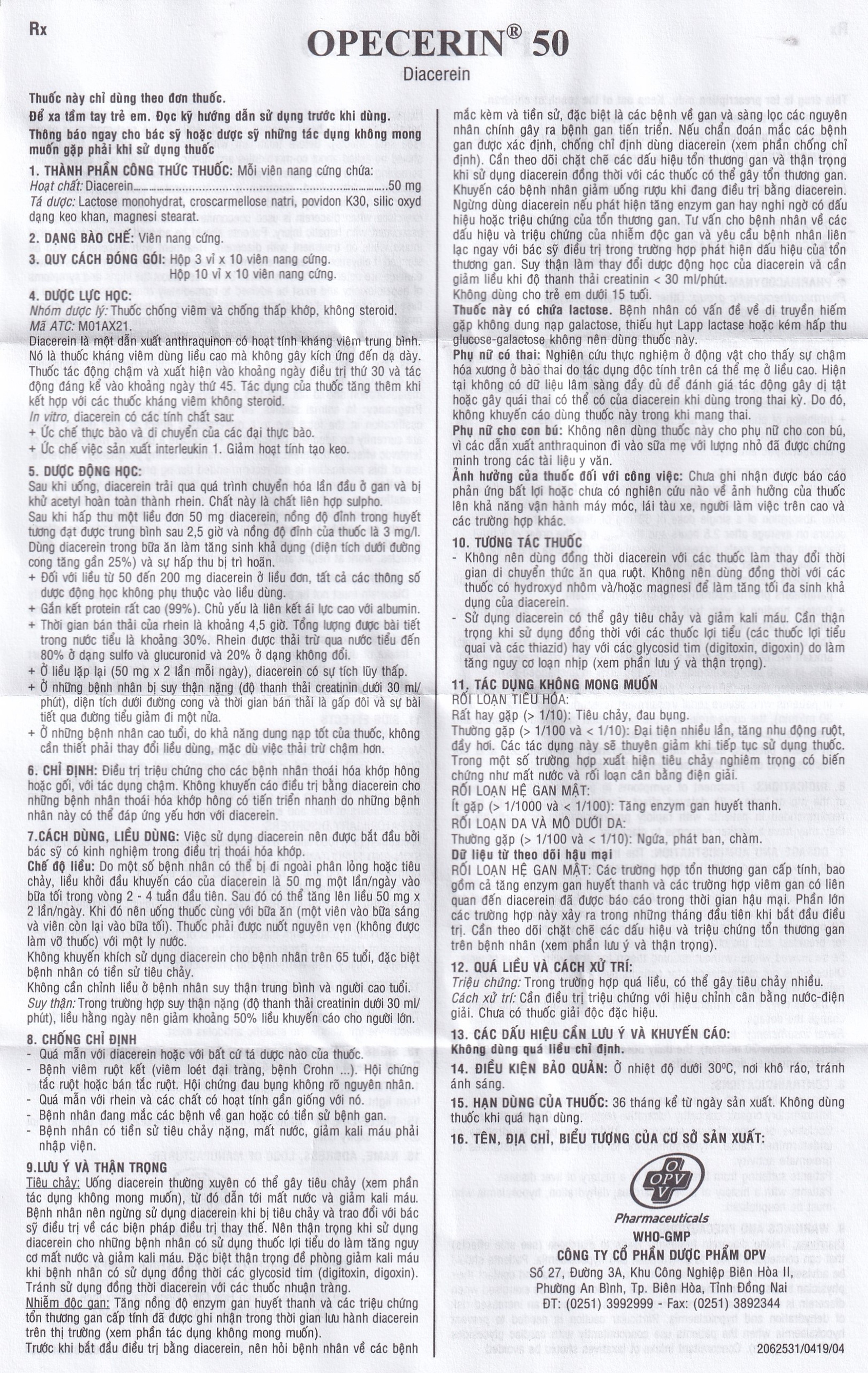 Thuốc Opecerin 50mg OPV điều trị thoái hóa khớp hông, gối (3 vỉ x 10 viên)