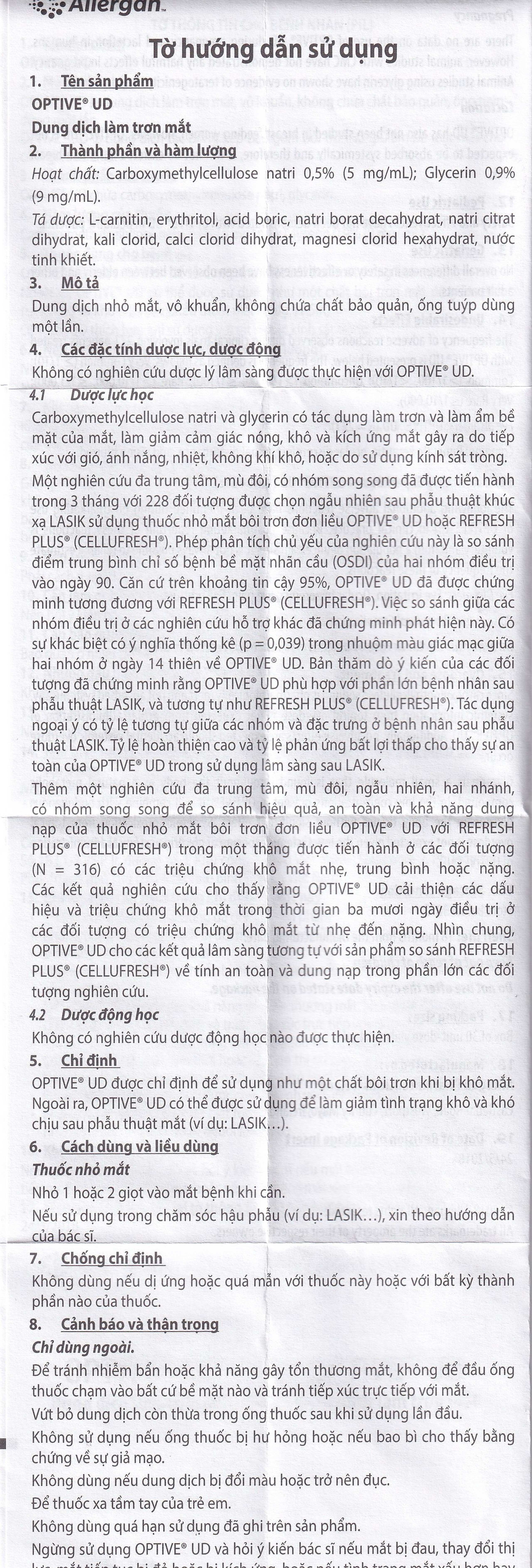 Thuốc nhỏ mắt Optive UD Allergan làm trơn mắt, giảm triệu chứng khô mắt (30 ống x 0.4ml)