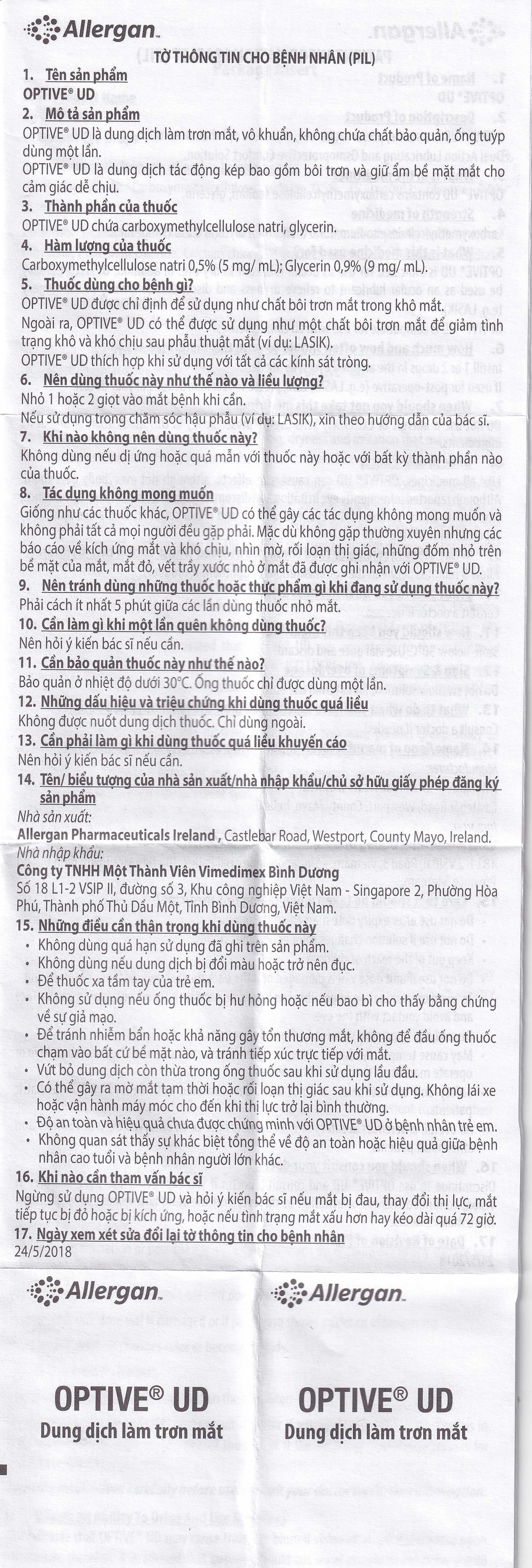 Thuốc nhỏ mắt Optive UD Allergan làm trơn mắt, giảm triệu chứng khô mắt (30 ống x 0.4ml)