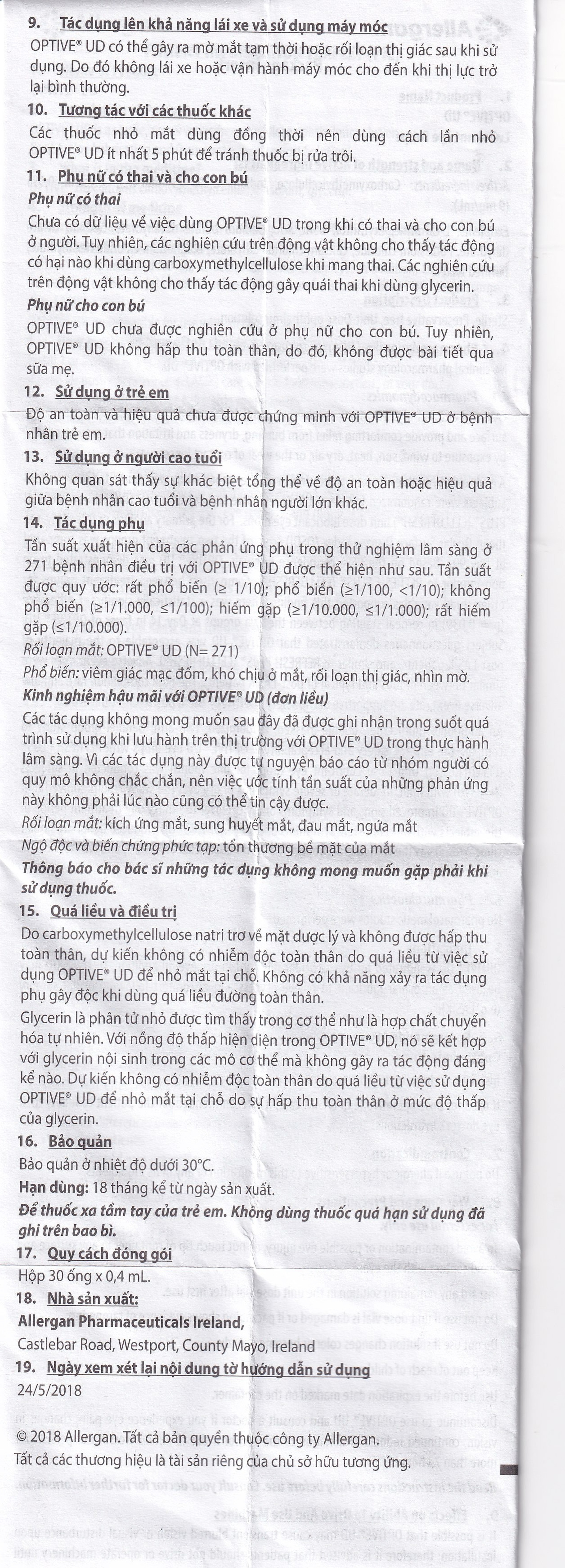 Thuốc nhỏ mắt Optive UD Allergan làm trơn mắt, giảm triệu chứng khô mắt (30 ống x 0.4ml)