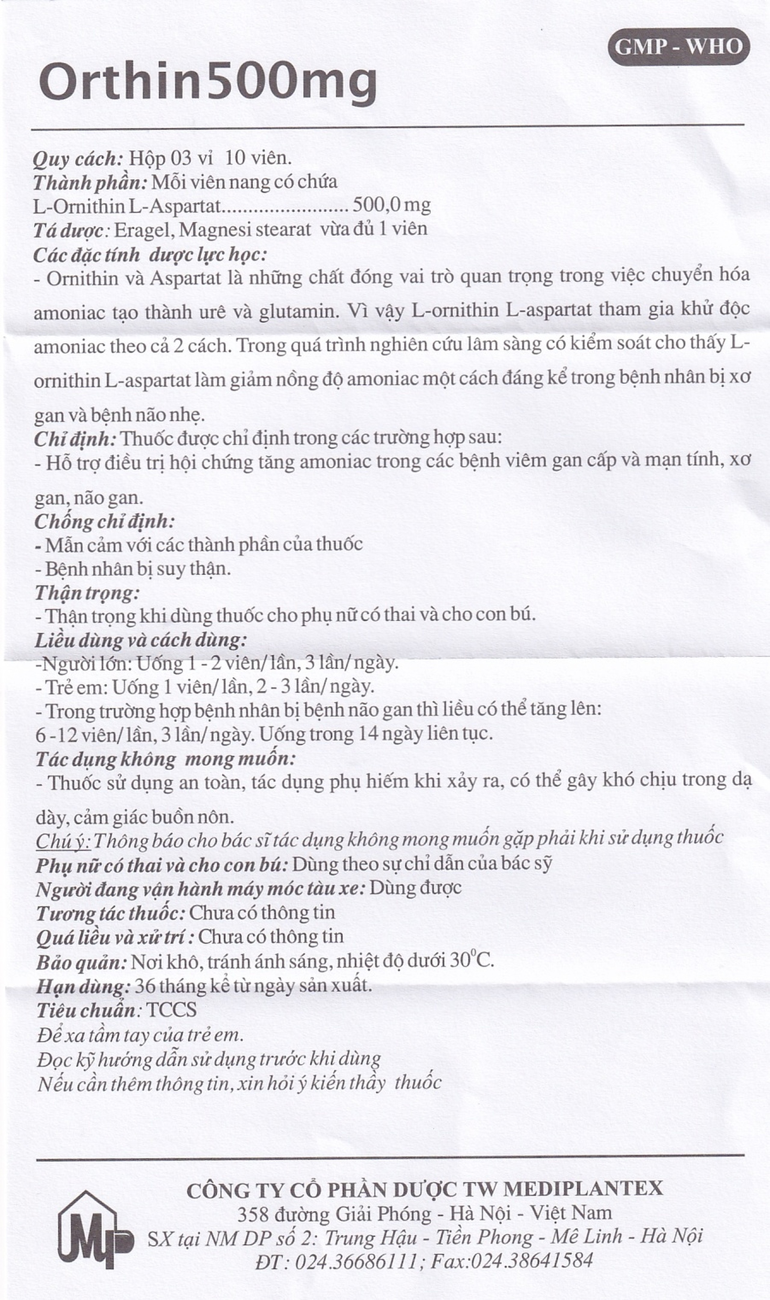 Viên nang cứng Orthin 500mg Mediplantex điều trị hội chứng tăng amoniac (3 vỉ x 10 viên)