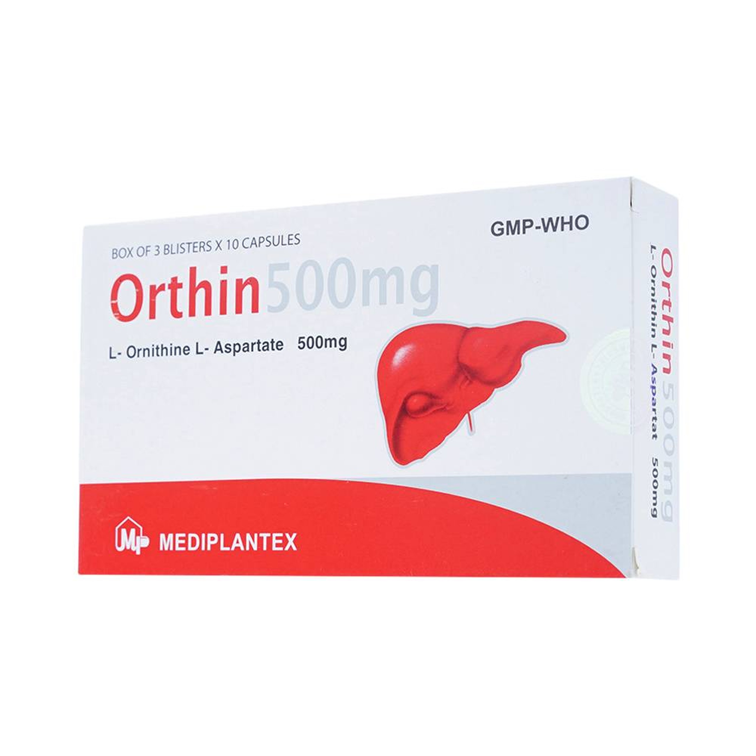 Viên nang cứng Orthin 500mg Mediplantex điều trị hội chứng tăng amoniac (3 vỉ x 10 viên)