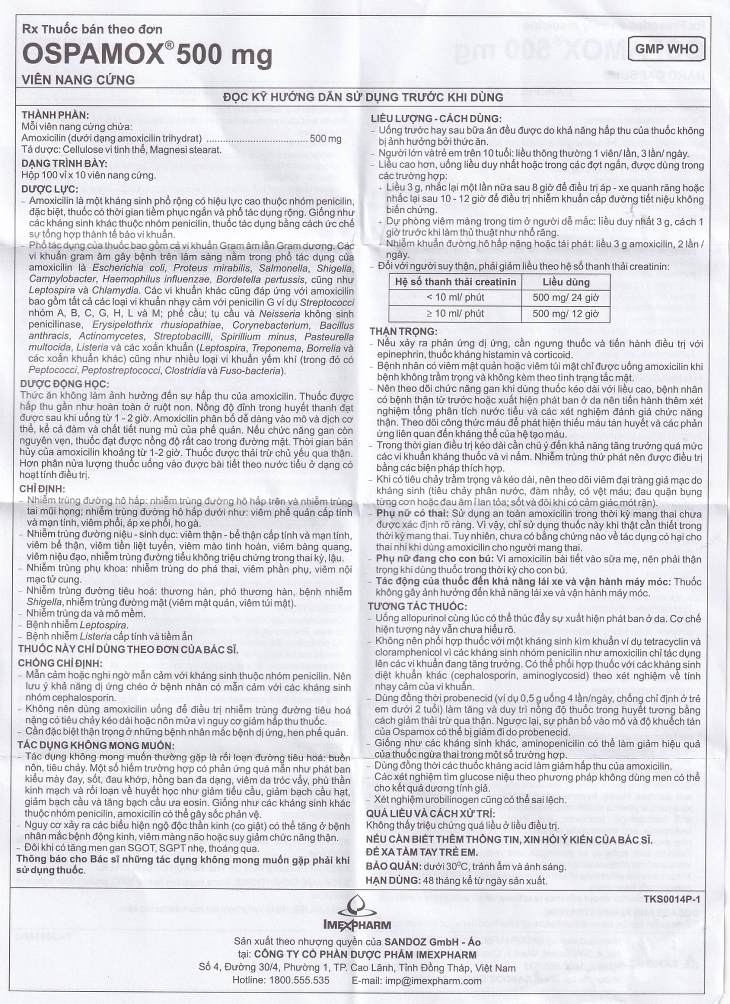 Thuốc Ospamox 500mg Imexpharm điều trị nhiễm trùng đường hô hấp, viêm phế quản (100 vỉ x 10 viên) 