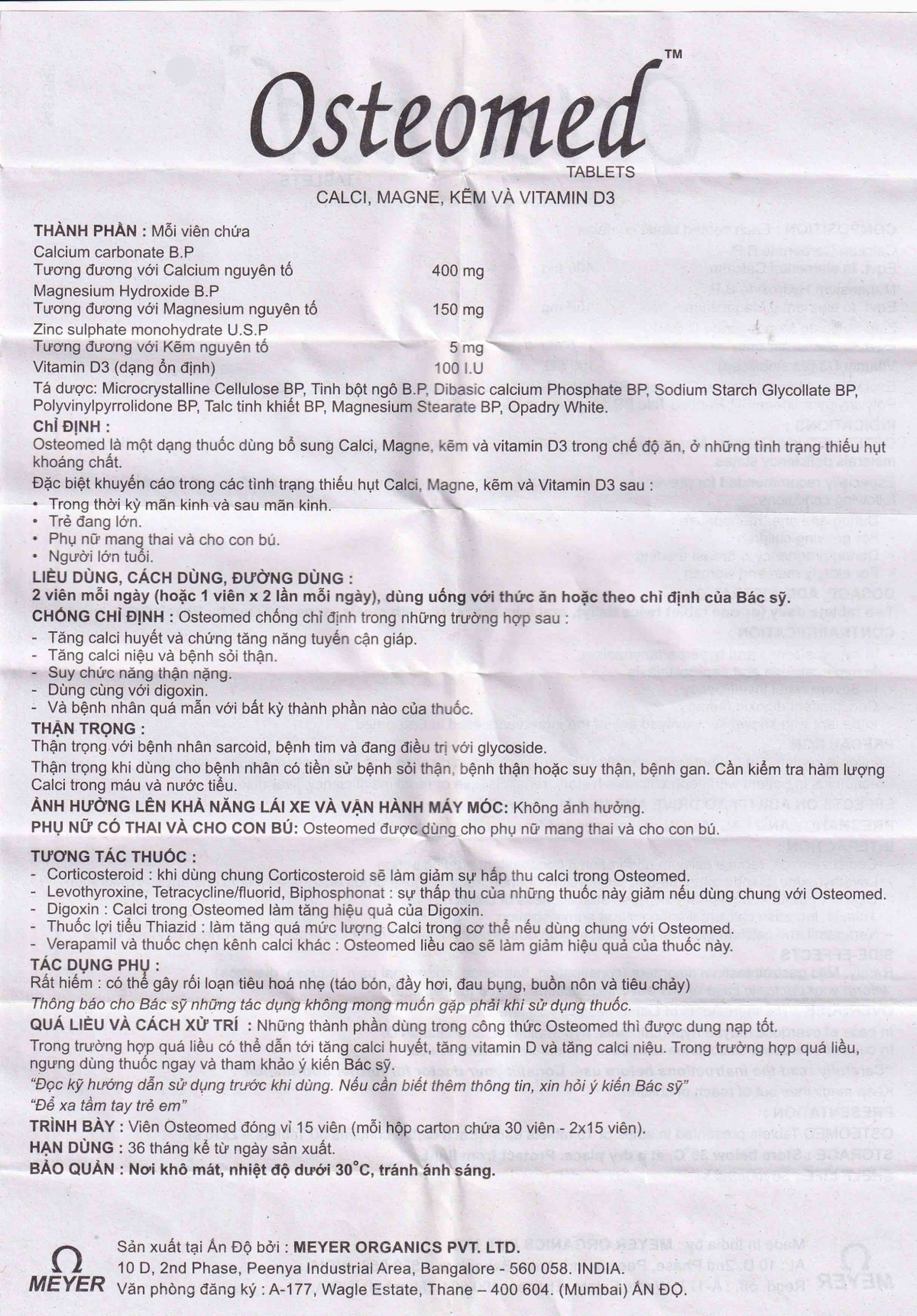 Viên nén Osteomed Meyer bổ sung canxi, Magne, kẽm, vitamin D3 và khoáng chất (2 vỉ x 15 viên)