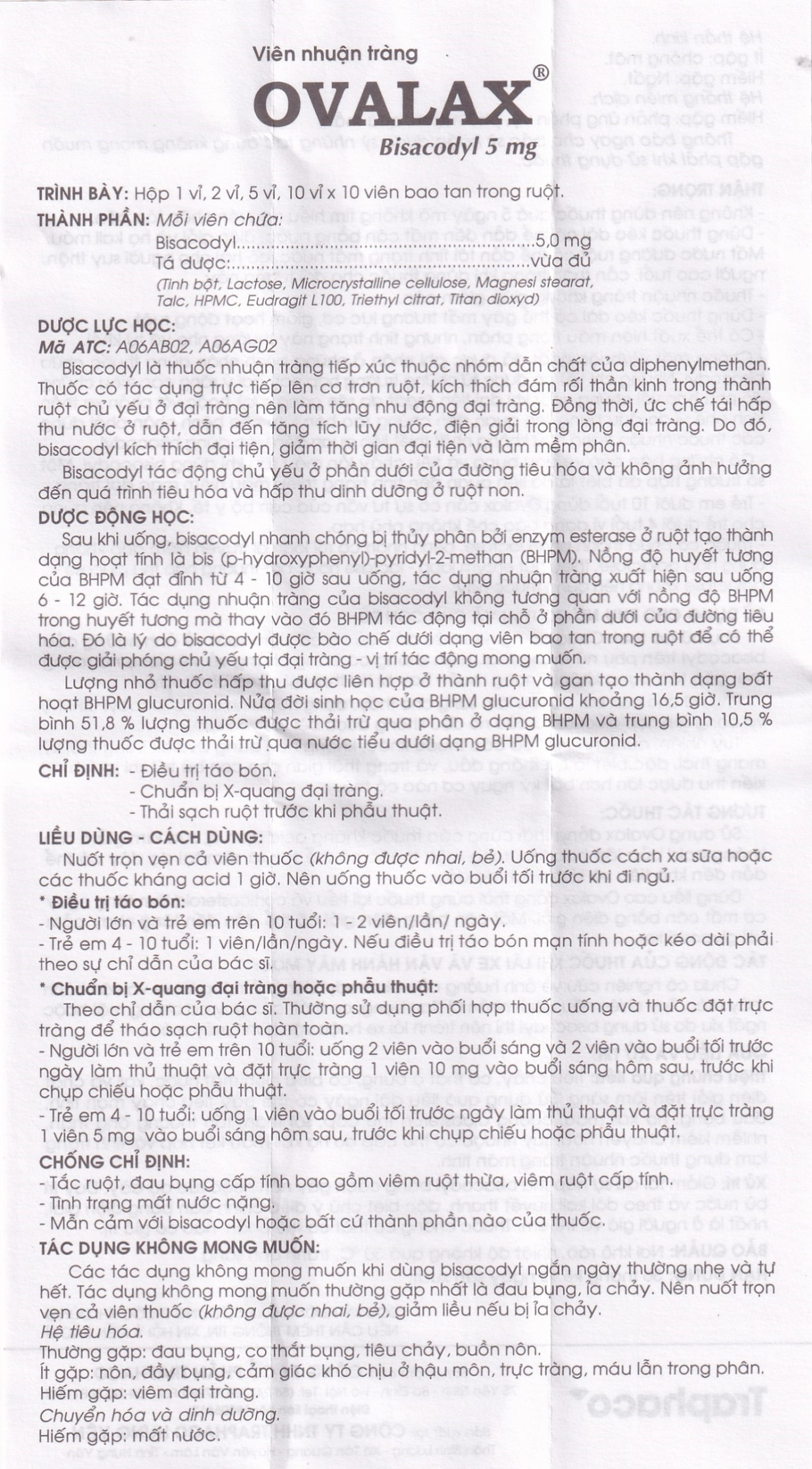 Viên nhuận tràng Ovalax 5mg Traphaco điều trị táo bón, làm sạch ruột (1 vỉ x 10 viên)