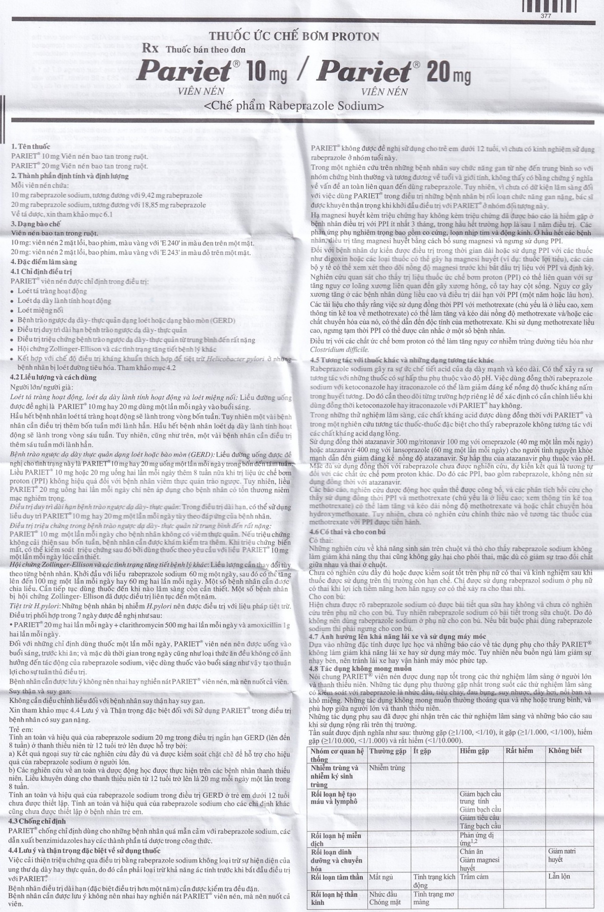 Thuốc ức chế bơm Proton Pariet 10mg Eisai điều trị loét dạ dày, tá tràng (1 vỉ x 14 viên) 