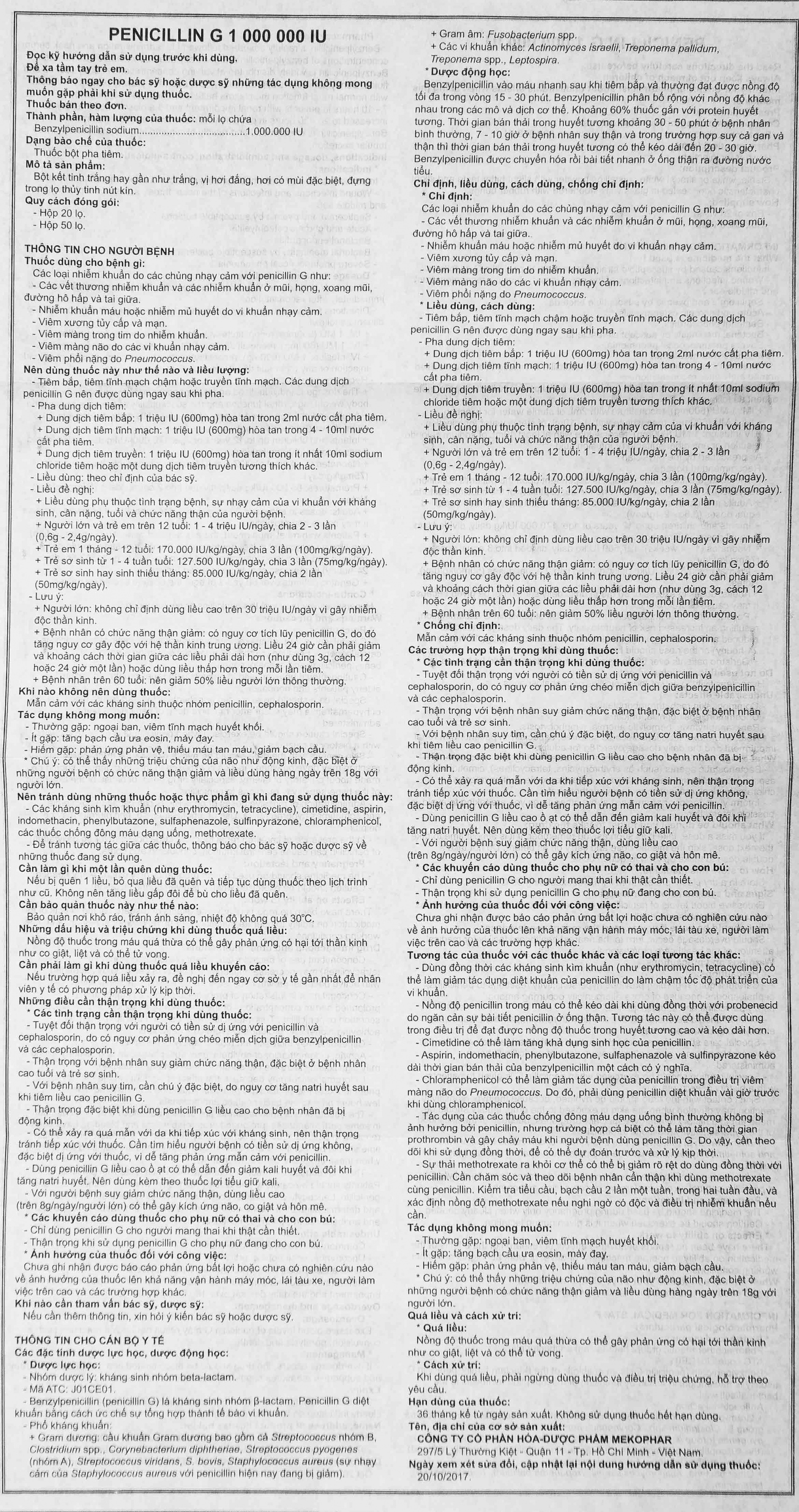 Bột pha tiêm Penicillin G 1 000 000 IU Mekophar điều trị các chứng nhiễm khuẩn (50 lọ)	