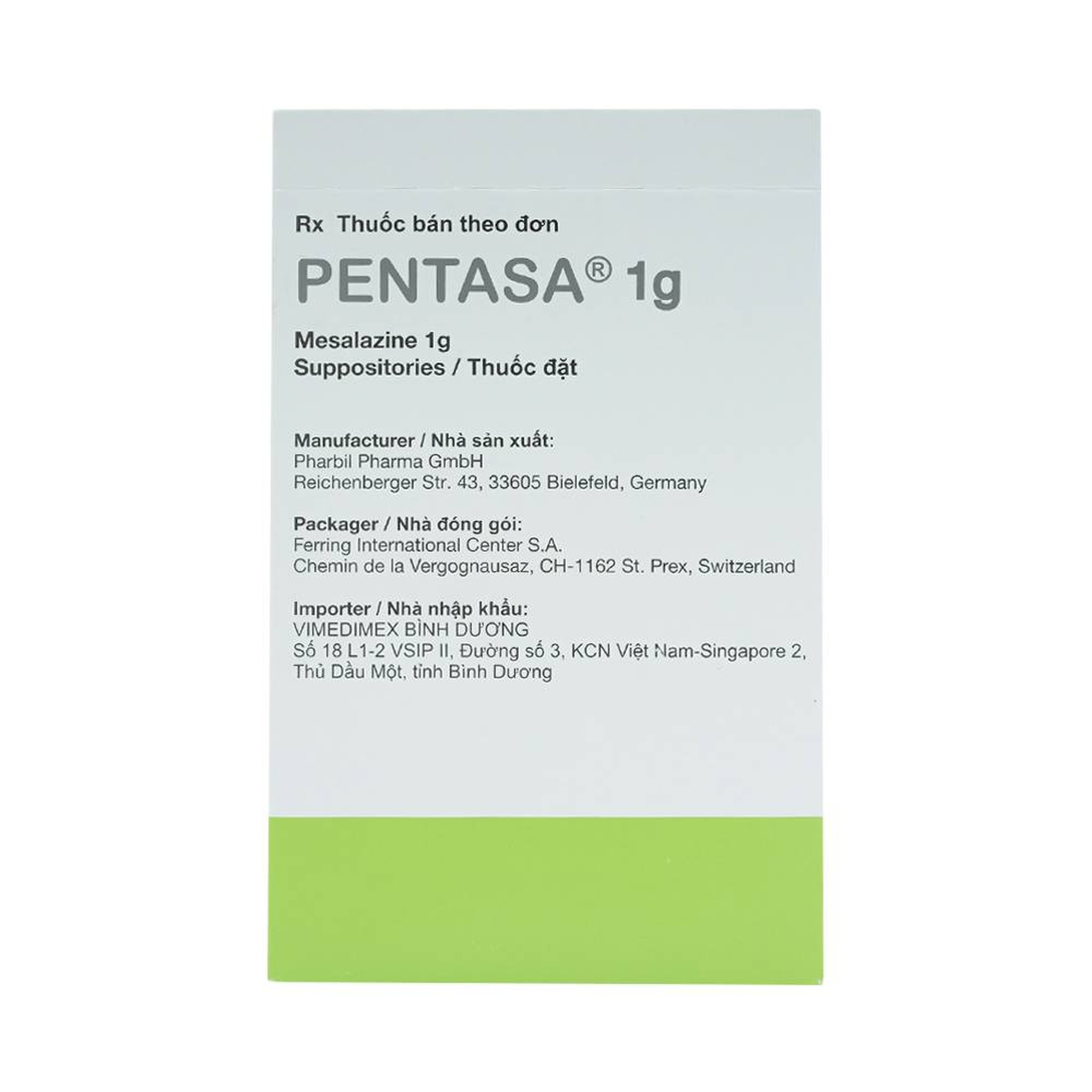 Viên đặt trực tràng Pentasa 1g Ferring điều trị viêm loét dạ dày, trực tràng (4 vỉ x 7 viên)