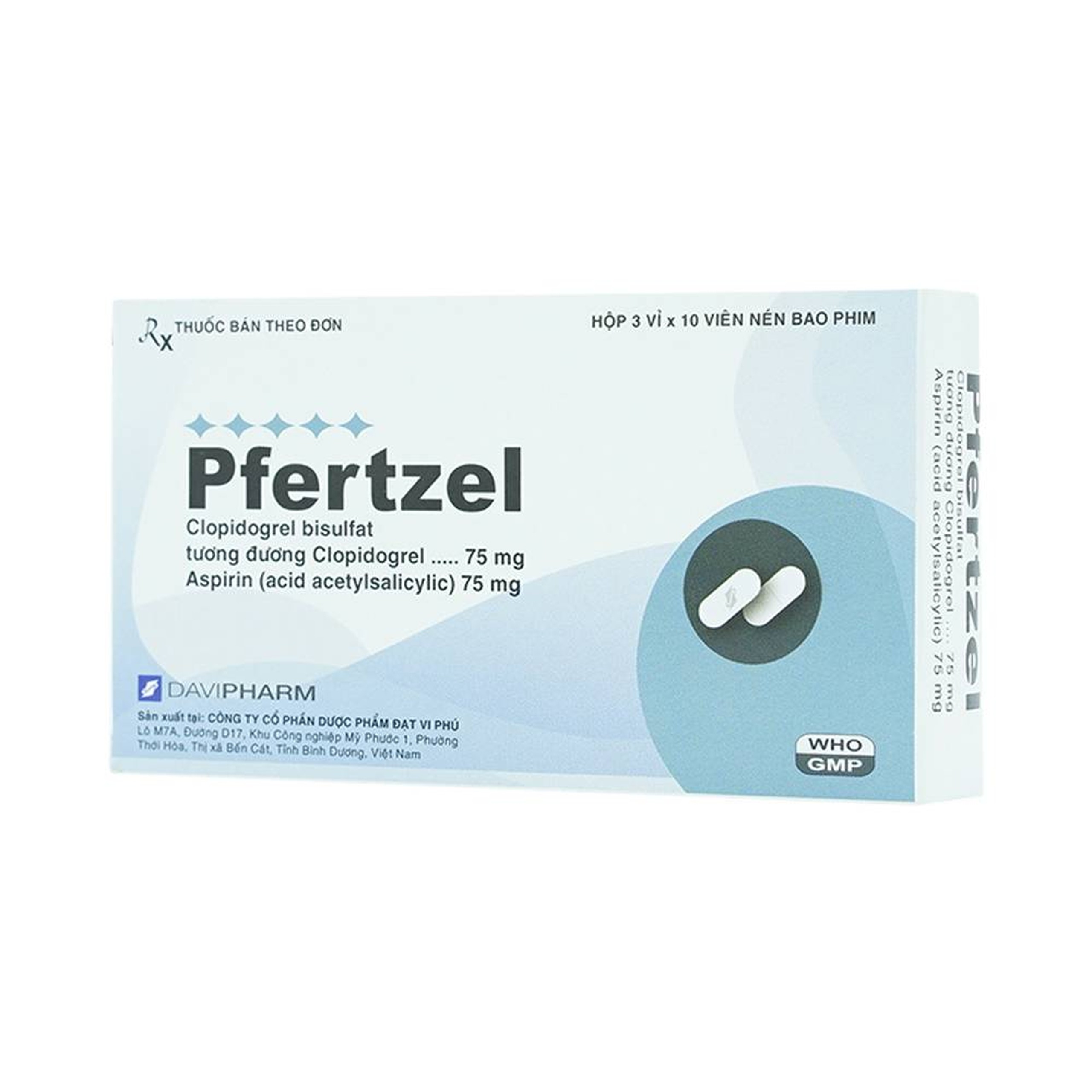 Viên nén Pfertzel 75mg/75mg DaViPharm dự phòng nghẽn mạch huyết khối, điều trị nhồi máu cơ tim (3 vỉ x 10 viên)