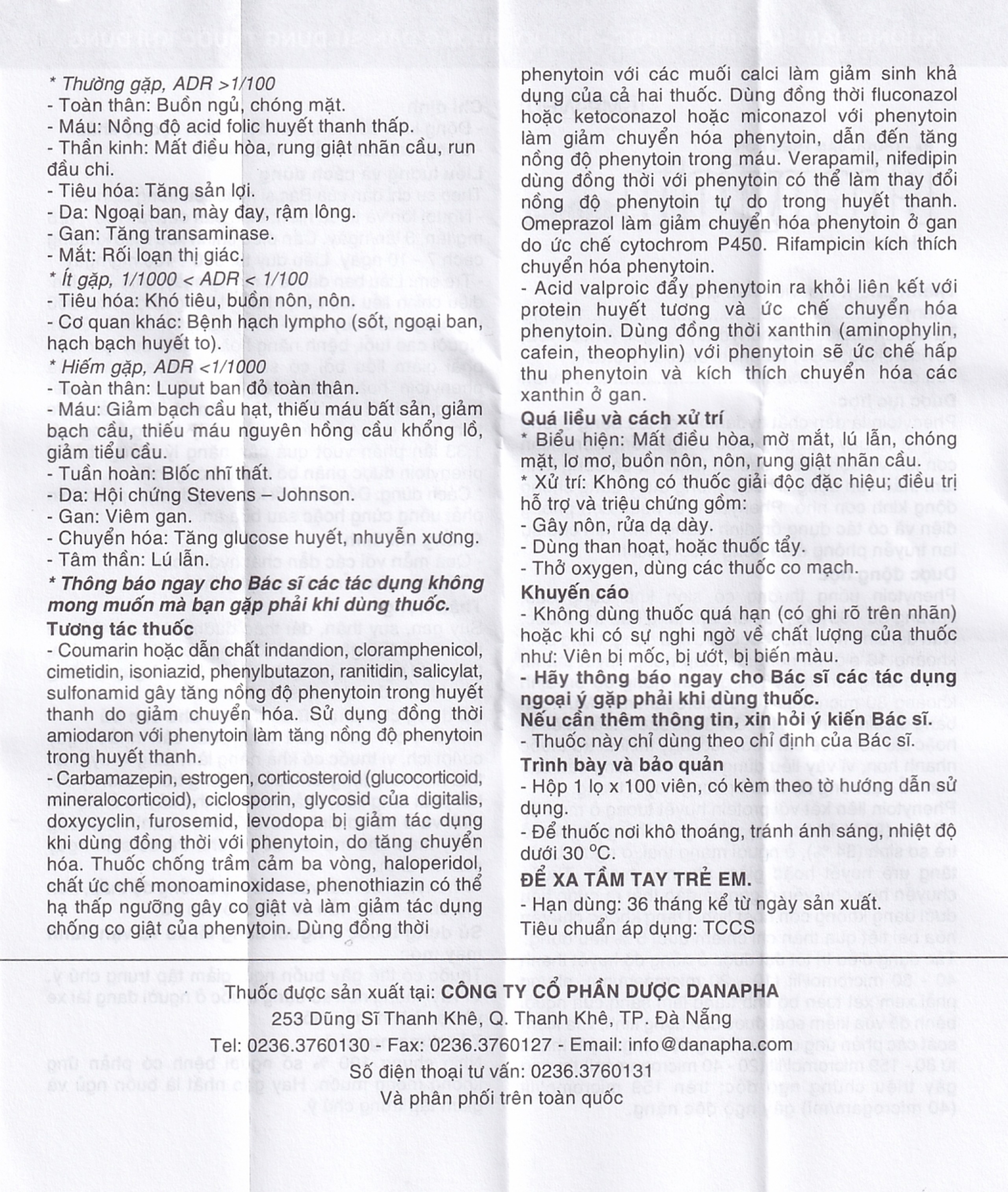 Viên nén Phenytoin 100mg Danapha điều trị động kinh cơn lớn, động kinh cục bộ (100 viên)