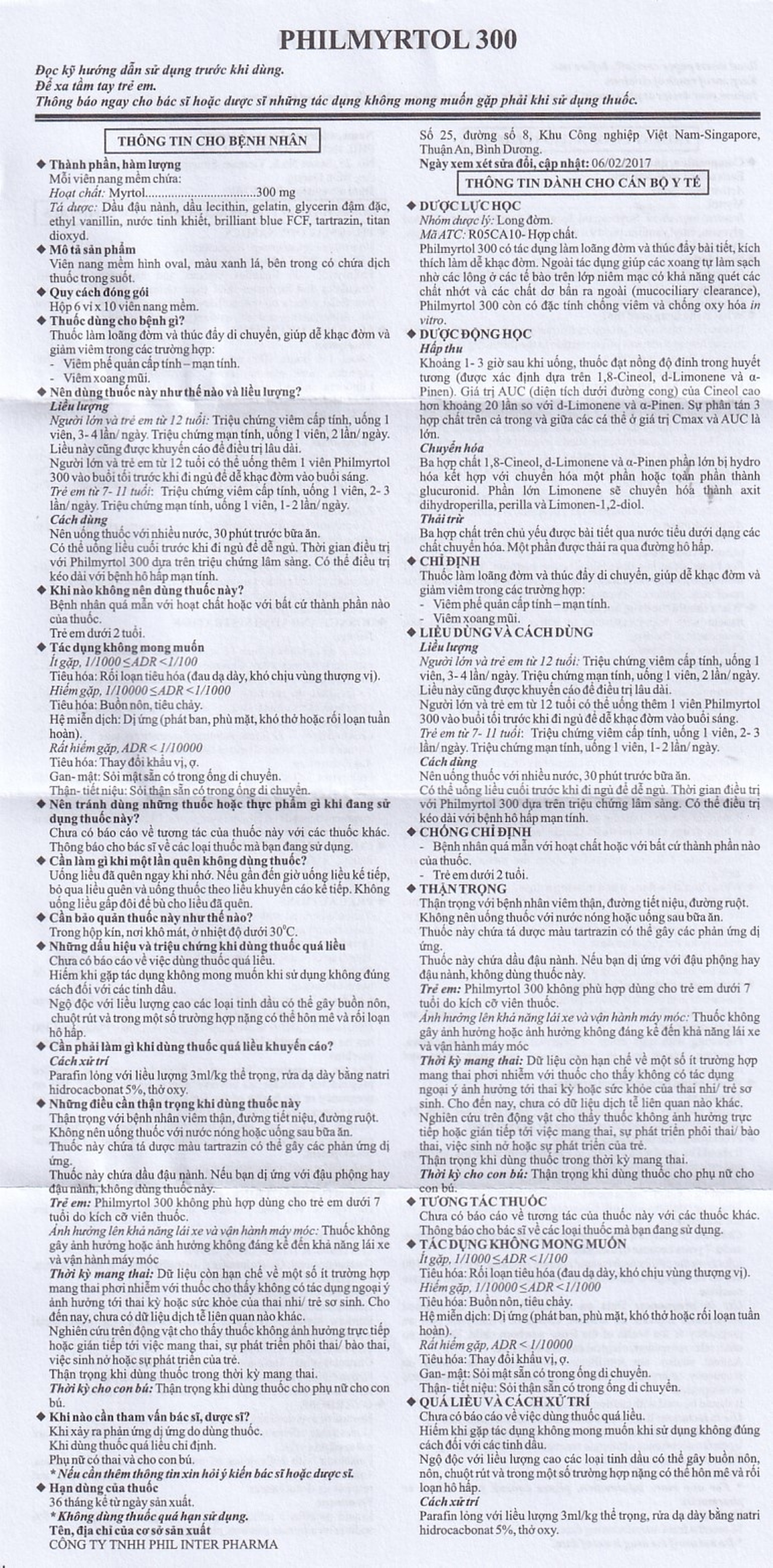 Thuốc Philmyrtol 300 Phil Inter Pharma loãng đờm, giảm viêm phế quản, viêm xoang mũi (6 vỉ x 10 viên)