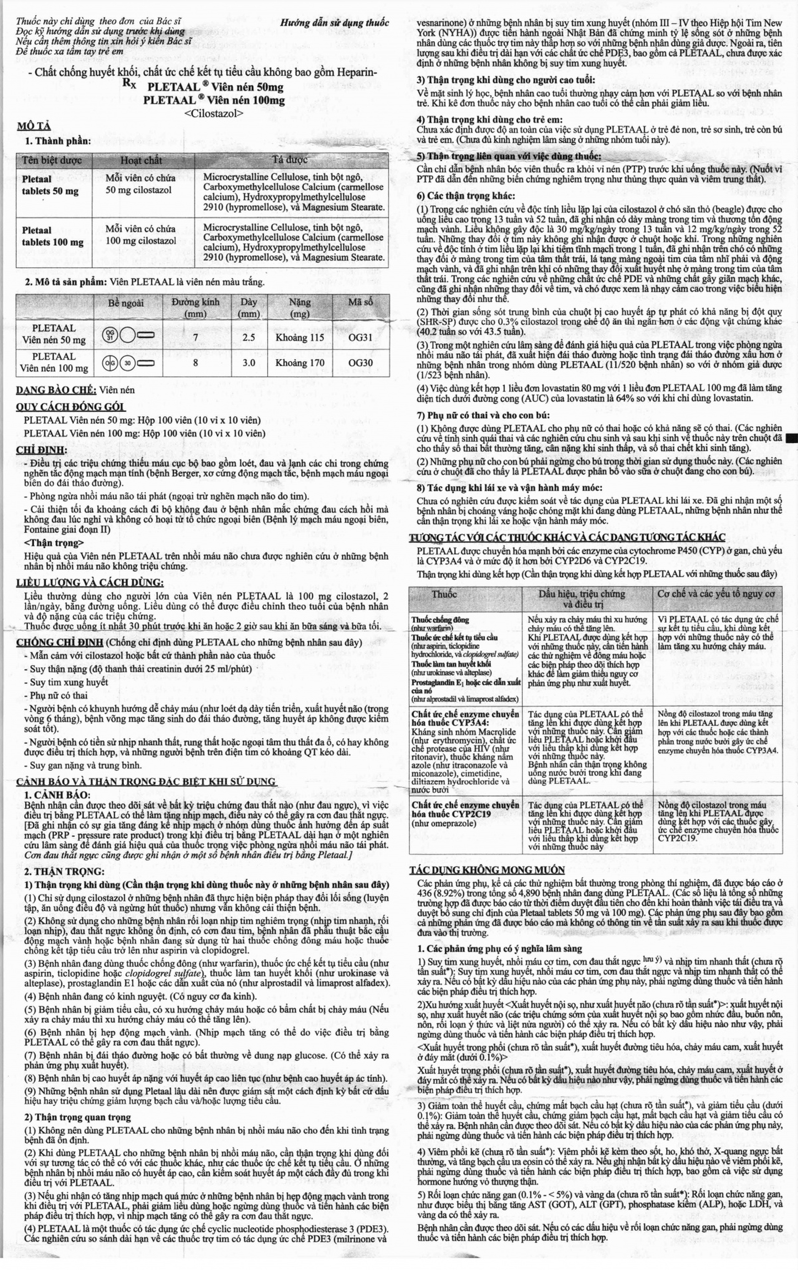 Viên nén Pletaal tablets 100mg Otsuka điều trị các chứng thiếu máu cục bộ (10 vỉ x 10 viên)