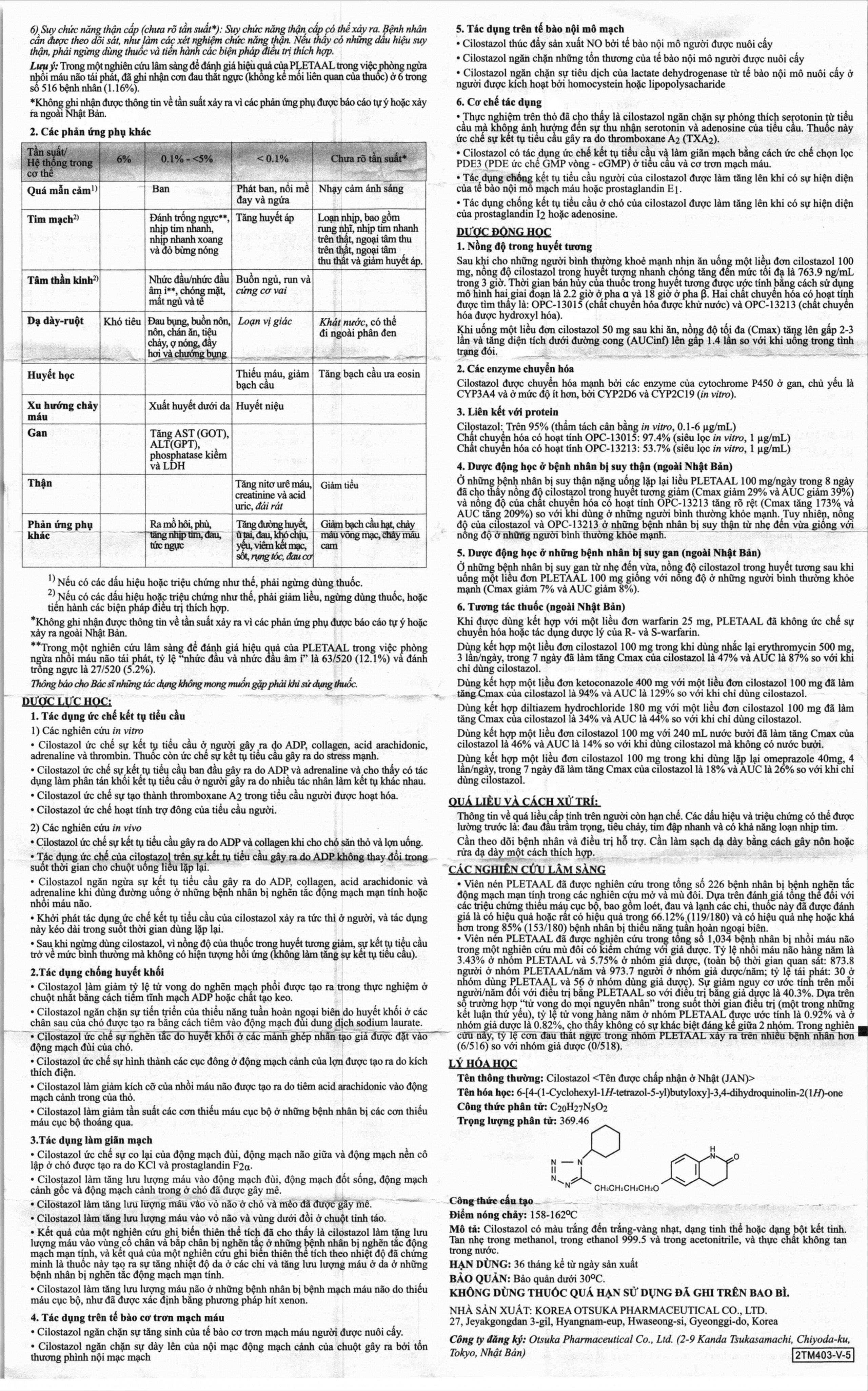 Viên nén Pletaal tablets 100mg Otsuka điều trị các chứng thiếu máu cục bộ (10 vỉ x 10 viên)