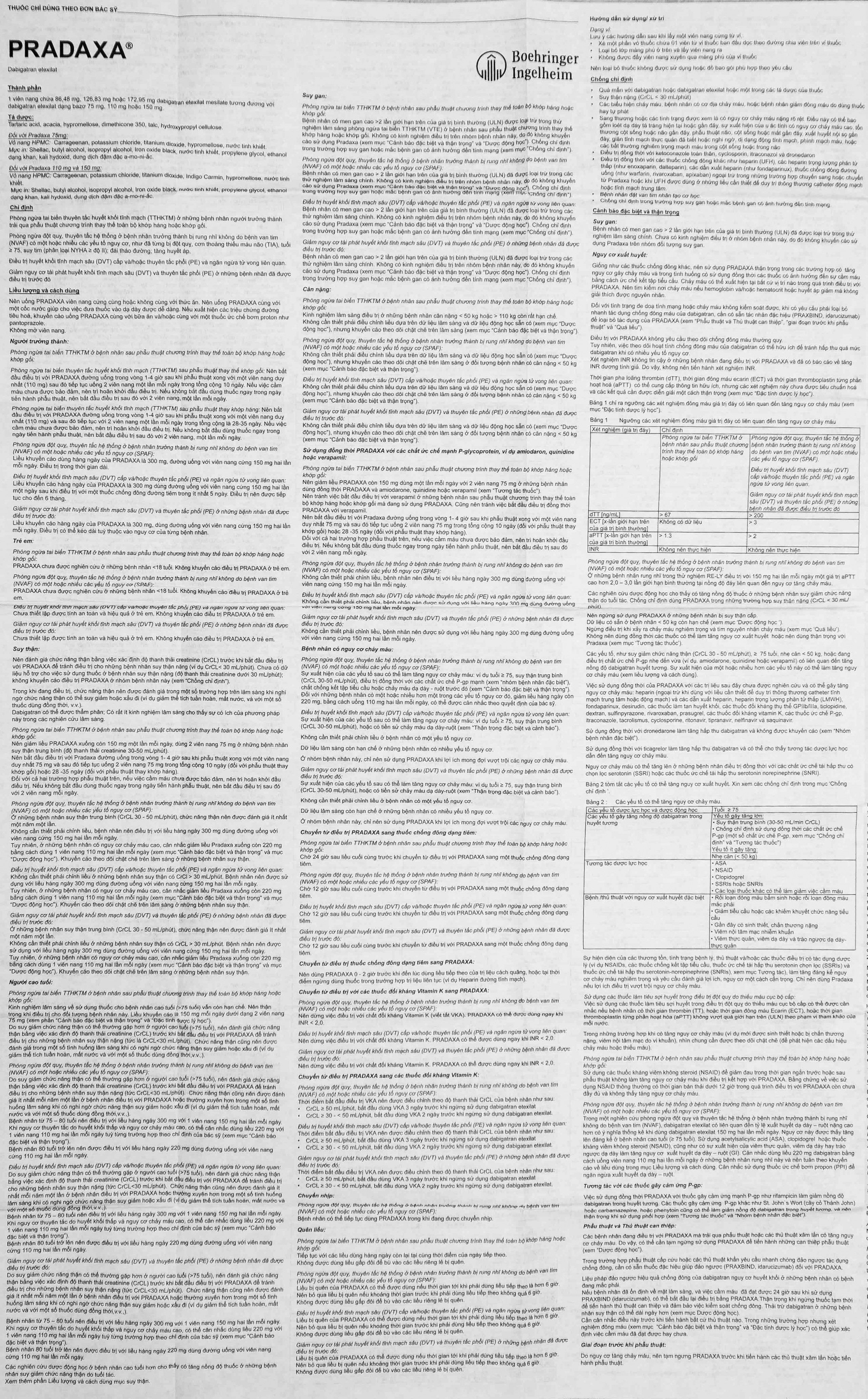 Viên nang cứng Pradaxa 150mg Boehringer phòng ngừa tai biến, đột quỵ (3 vỉ x 10 viên)