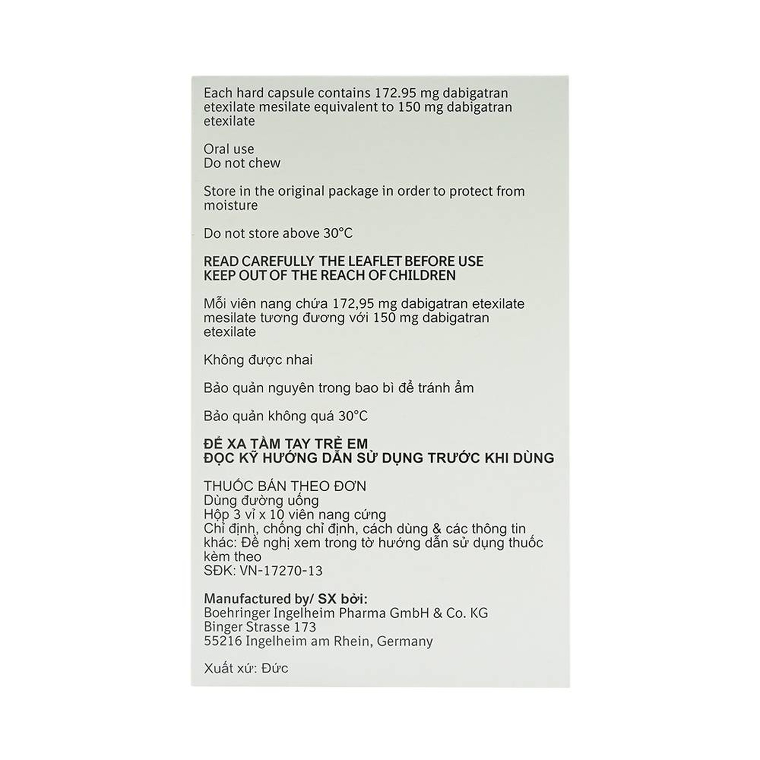 Viên nang cứng Pradaxa 150mg Boehringer phòng ngừa tai biến, đột quỵ (3 vỉ x 10 viên)