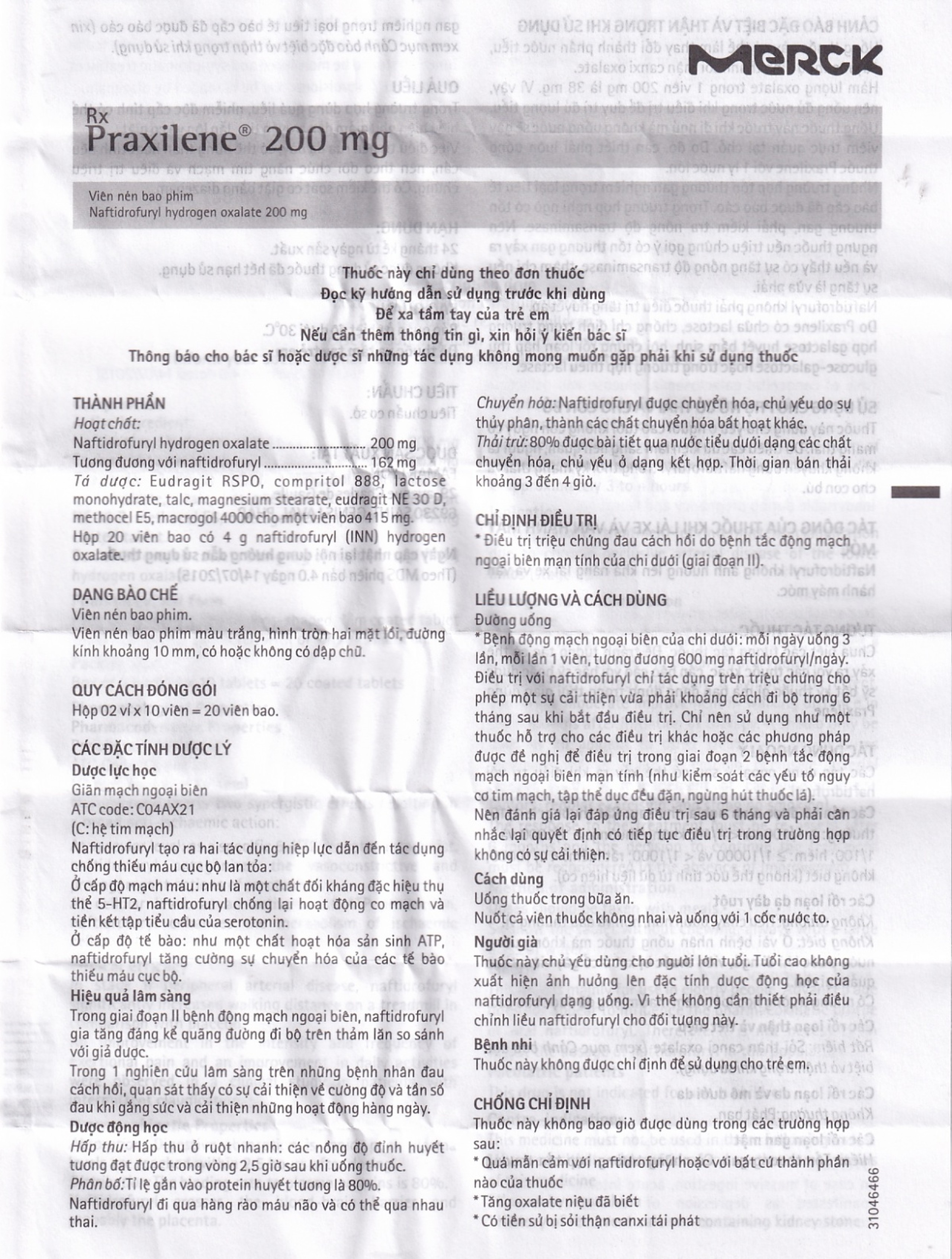 Viên nén Praxilene 200mg Merck điều trị viêm động mạch tắc nghẽn mãn tính (2 vỉ x 10 viên)