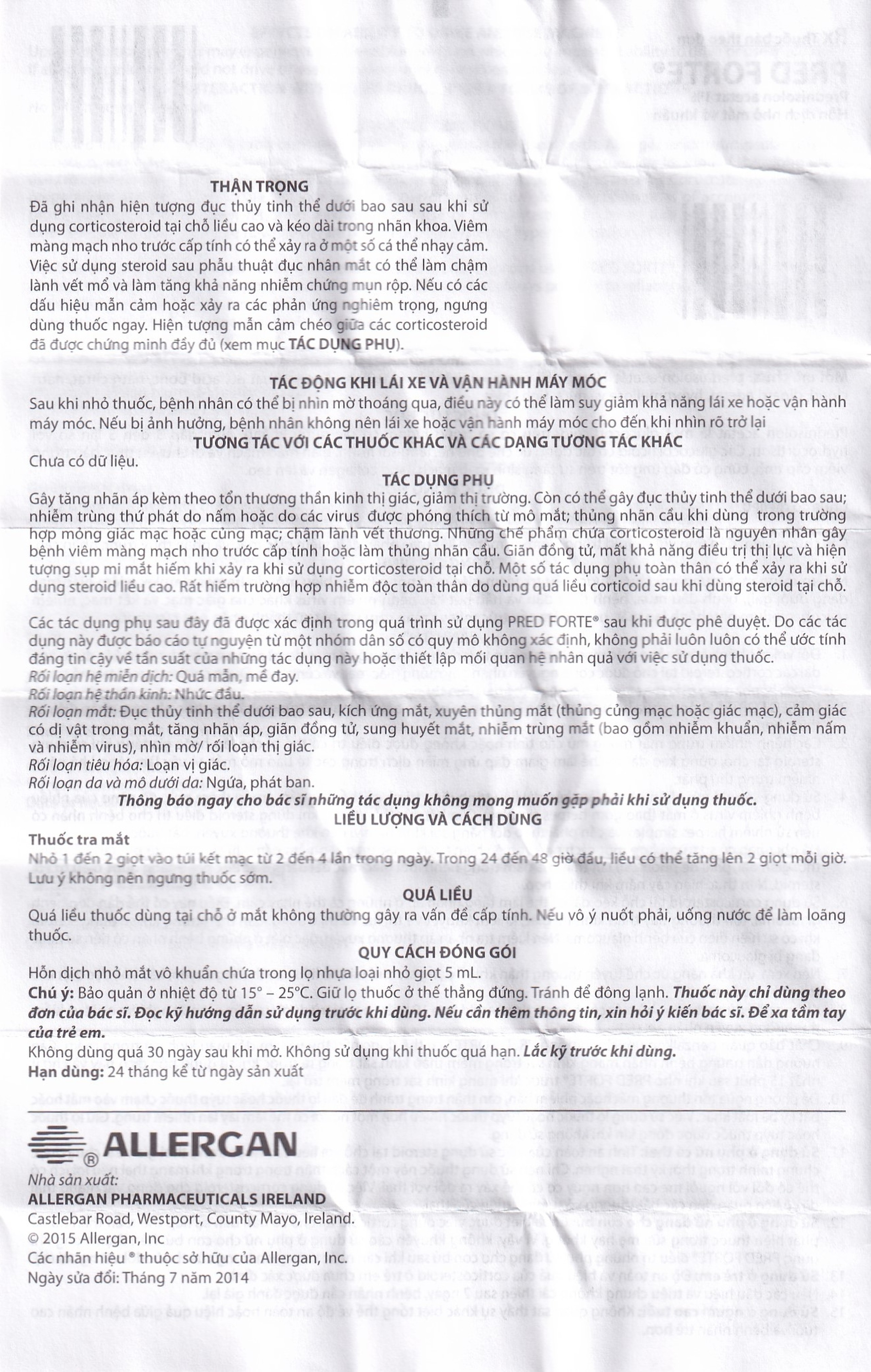 Hỗn dịch nhỏ mắt Pred Forte Allergan điều trị các chứng viêm đáp ứng với steroid (5ml)