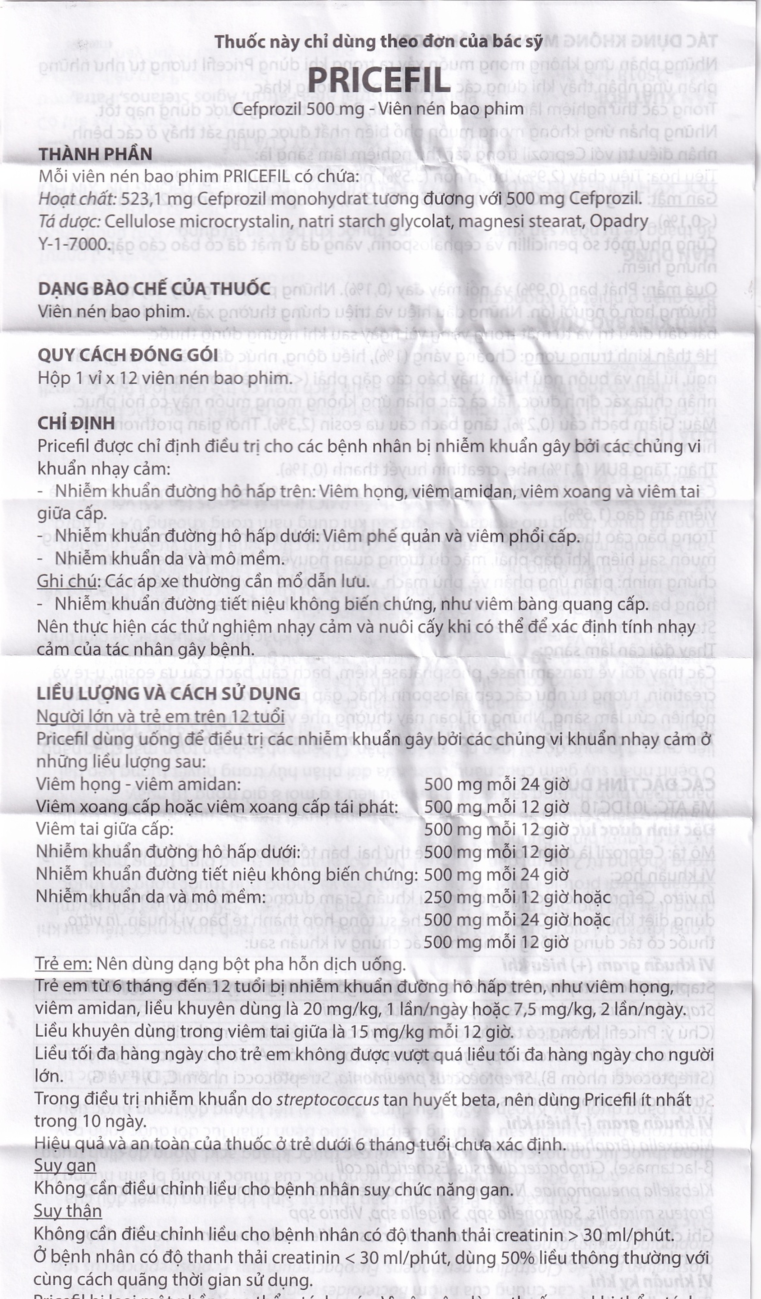 Thuốc Pricefil 500mg Vianex điều trị nhiễm khuẩn đường hô hấp (1 vỉ x 12 viên)