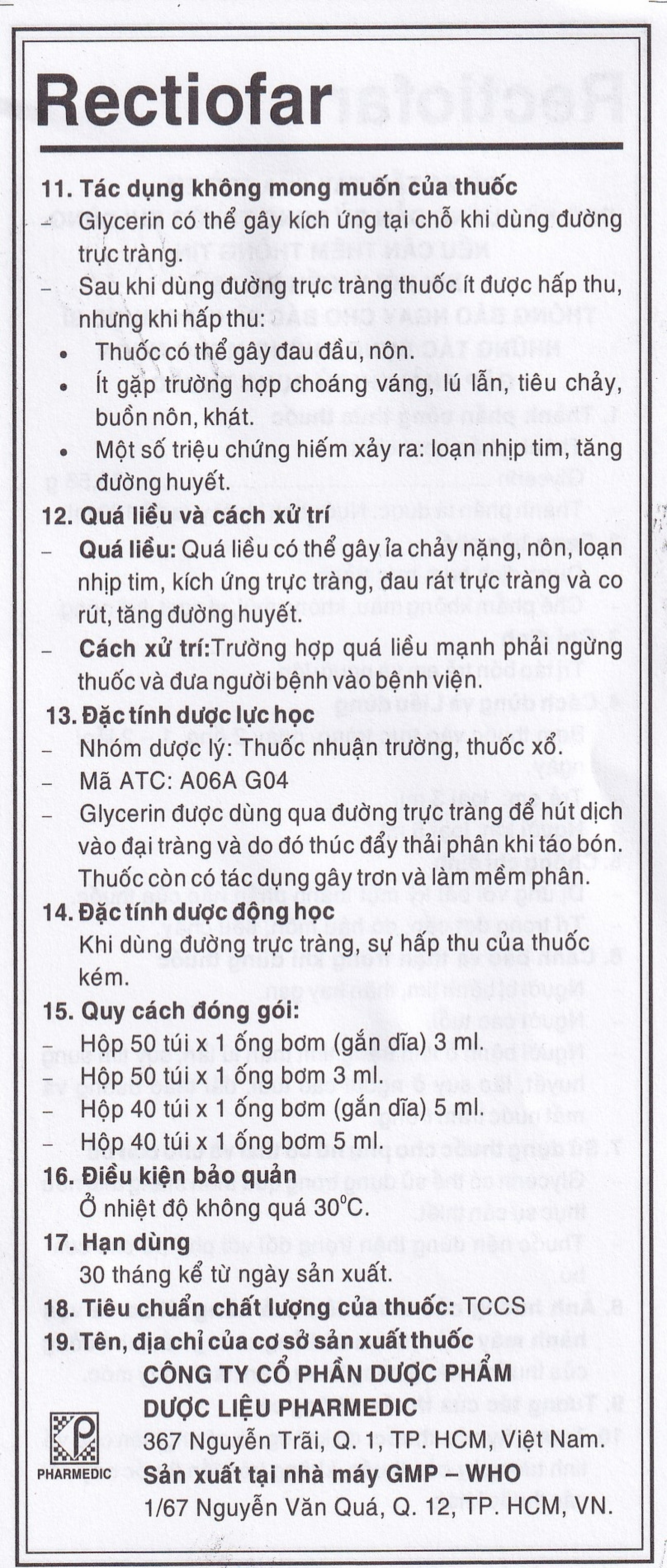Dung dịch Rectiofar Pharmedic điều trị táo bón (40 túi x 1 ống bơm 5ml)
