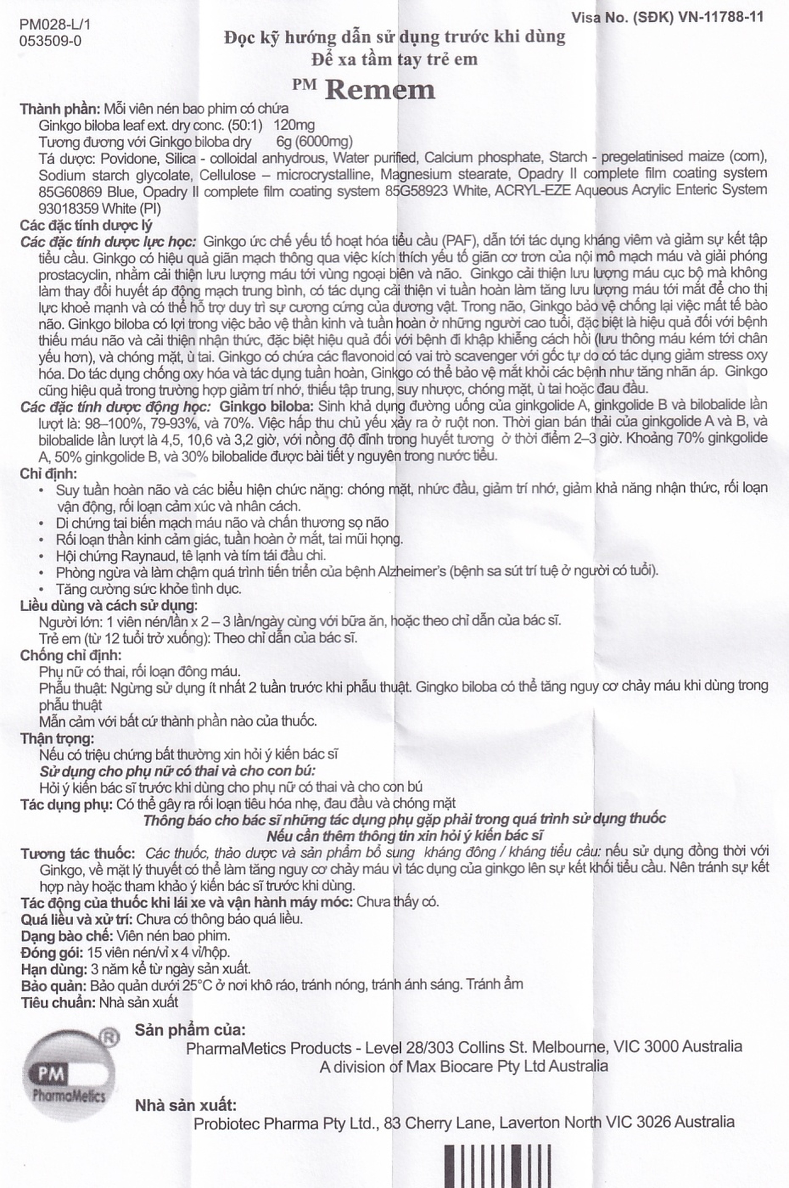Thuốc Remem Probiotec điều trị suy tuần hoàn não, di chứng tai biến mạch máu não (4 vỉ x 15 viên)