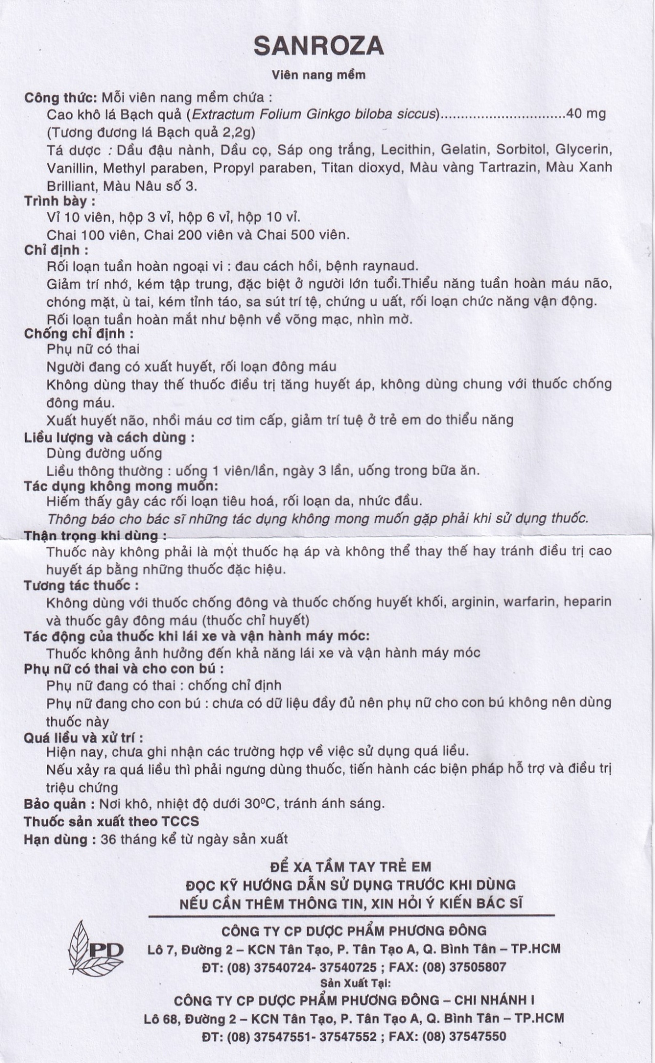 Thuốc Sanroza 40mg Phương Đông điều trị đau cách hồi, bệnh raynaud (10 vỉ x 10 viên)