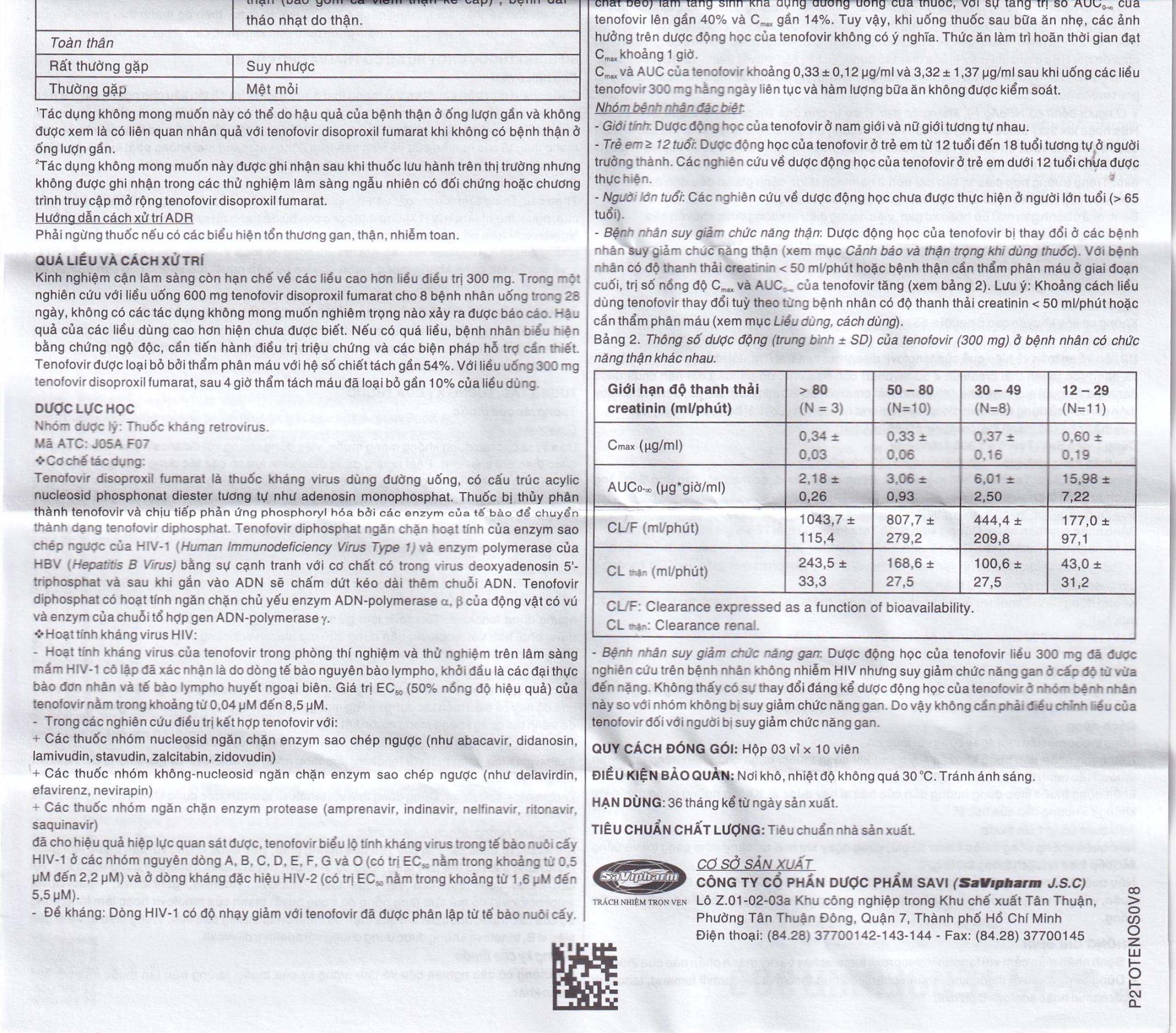 Thuốc Savi Tenofovir 300 điều trị nhiễm HIV-1 ở người lớn (3 vỉ x 10 viên) 