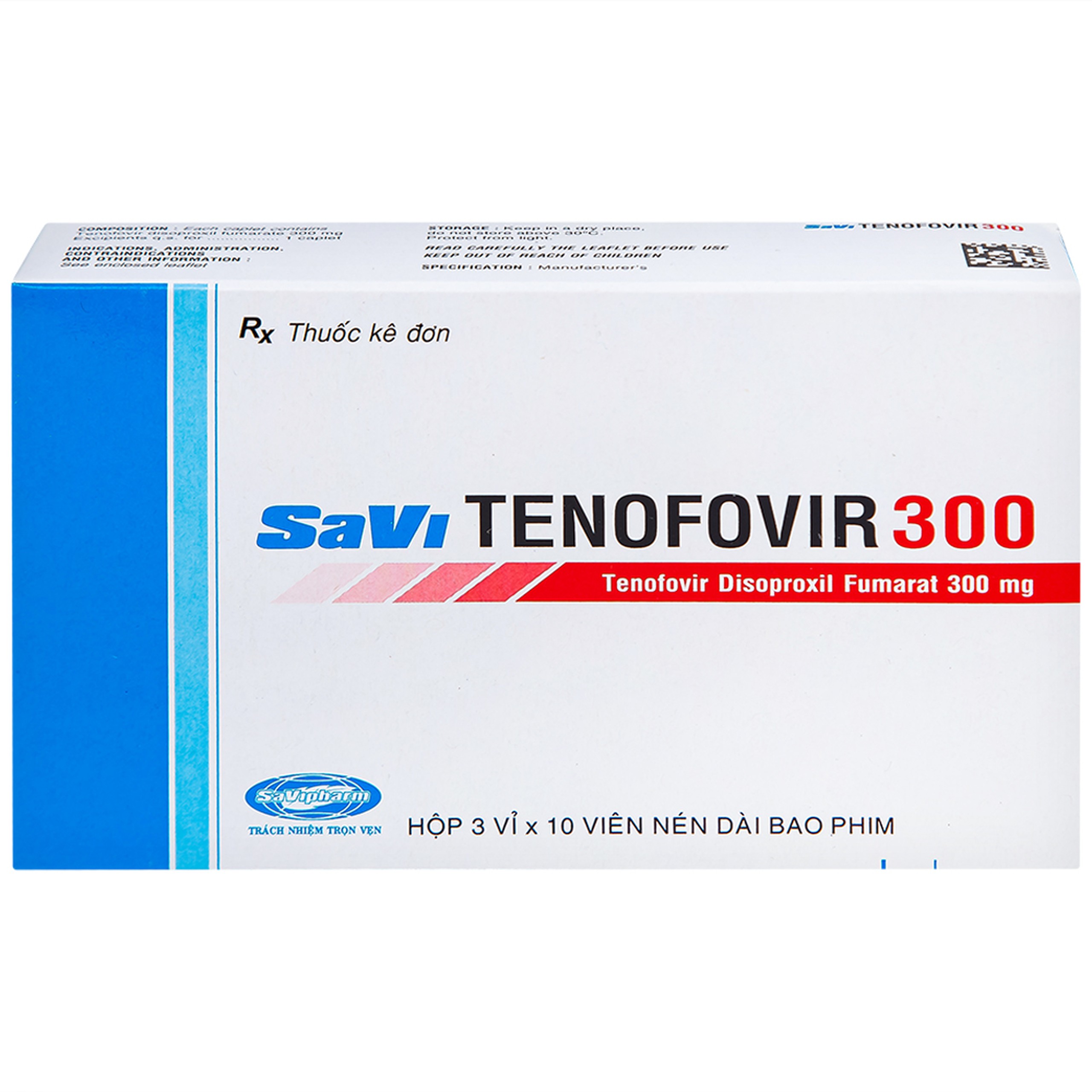 Thuốc Savi Tenofovir 300 điều trị nhiễm HIV-1 ở người lớn (3 vỉ x 10 viên) 