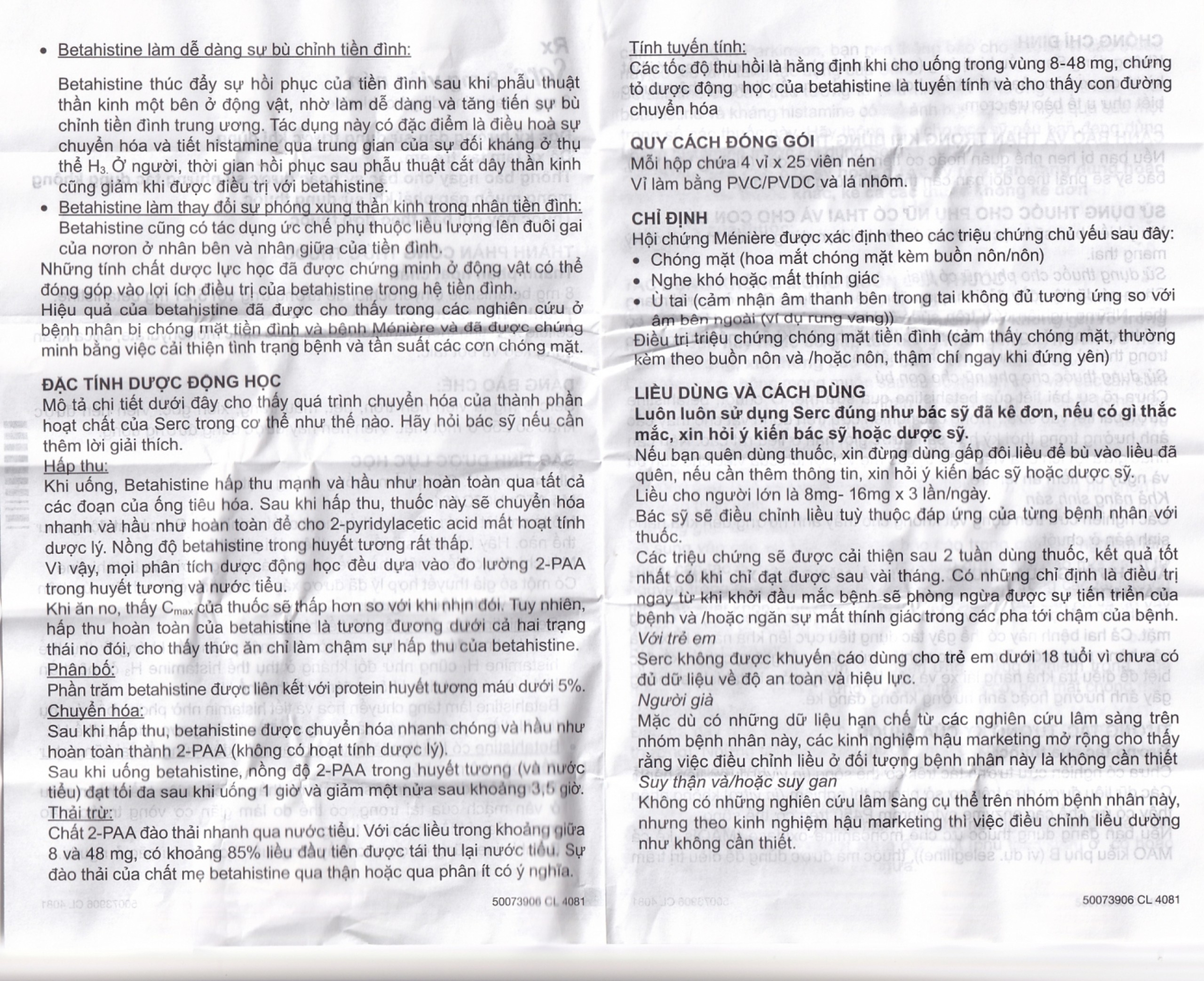 Thuốc Serc Abbott điều trị chóng mặt, mất thính giác, ù tai (4 vỉ x 25 viên)