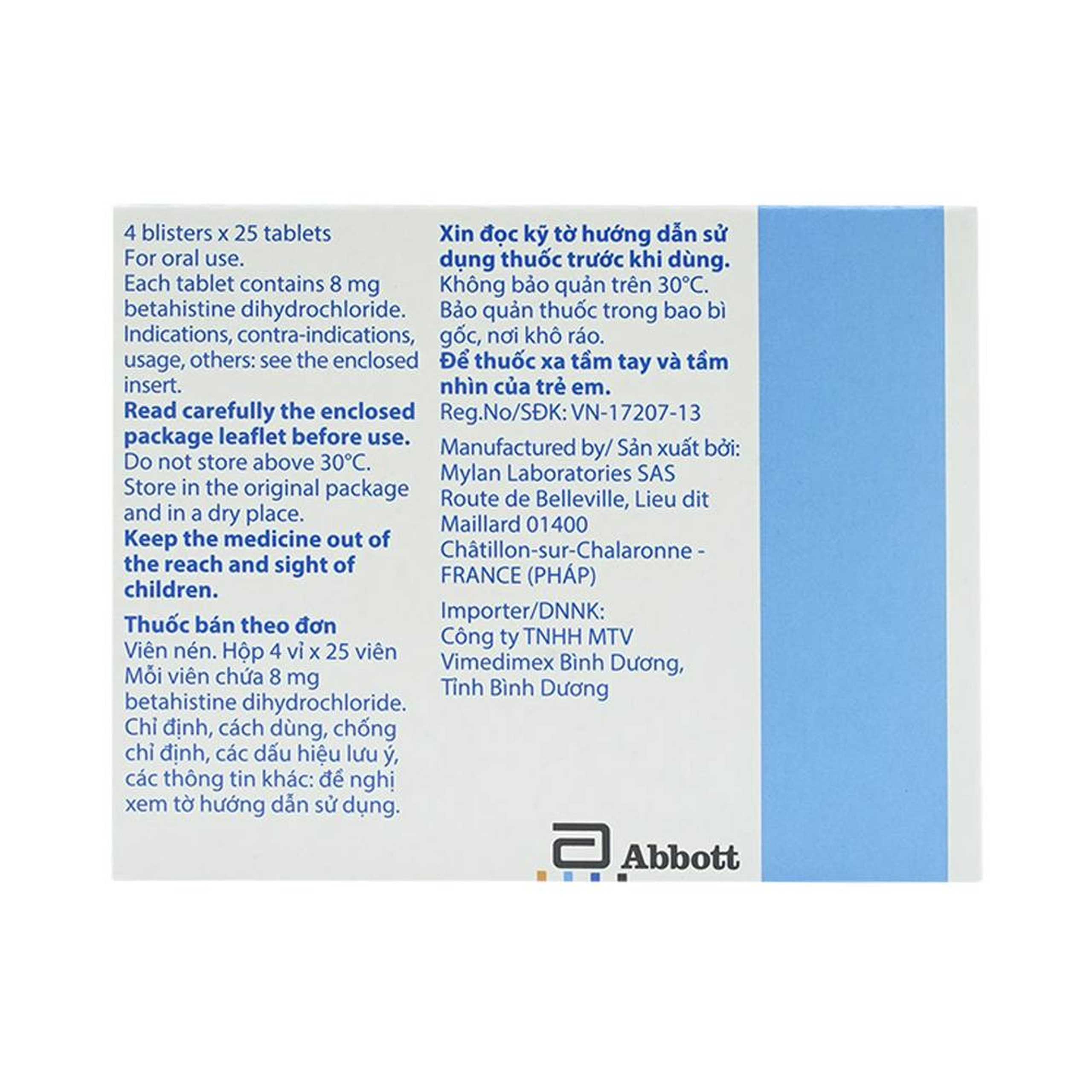 Thuốc Serc Abbott điều trị chóng mặt, mất thính giác, ù tai (4 vỉ x 25 viên)