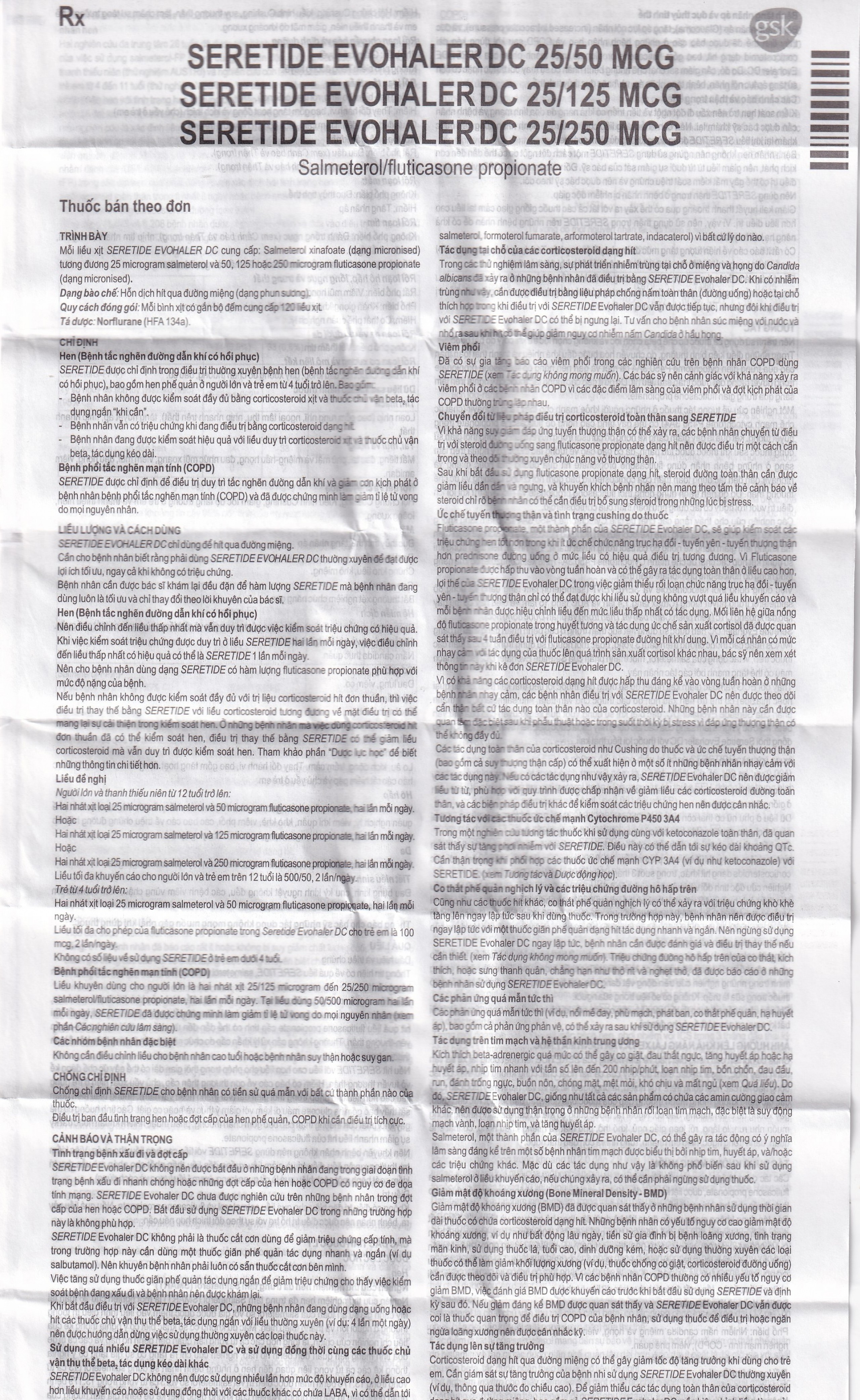 Khí dung Seretide Evohaler DC 25/125 Gsk điều trị hen phế quản, tắc nghẽn phổi mạn tính (120 liều)