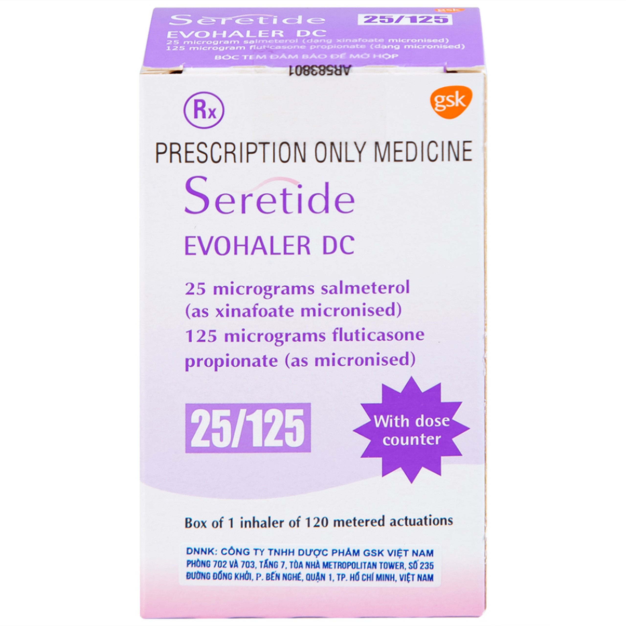 Khí dung Seretide Evohaler DC 25/125 Gsk điều trị hen phế quản, tắc nghẽn phổi mạn tính (120 liều)
