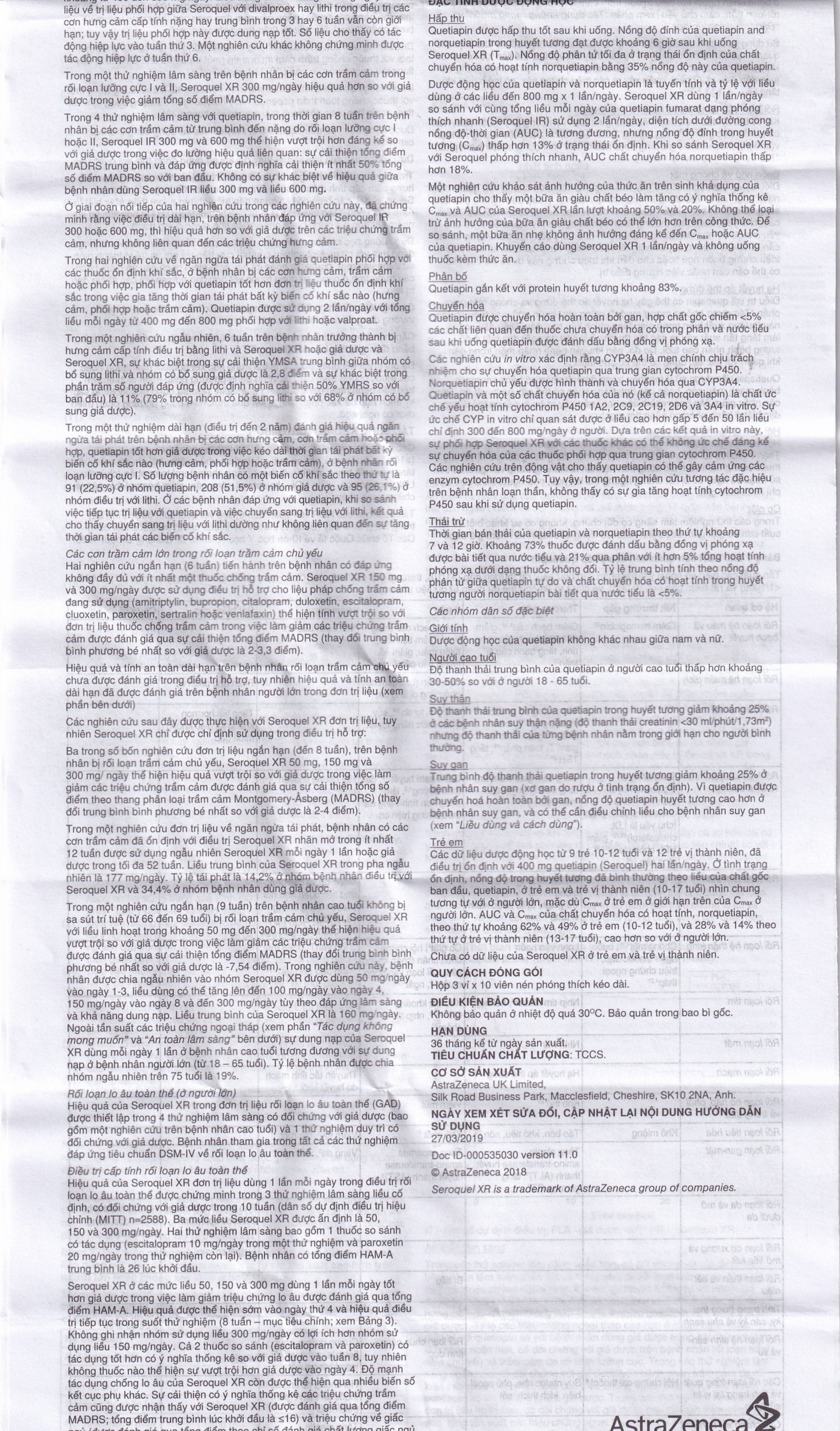 Thuốc Seroquel XR 300mg AstraZeneca điều trị tâm thần phân liệt (3 vỉ x 10 viên)