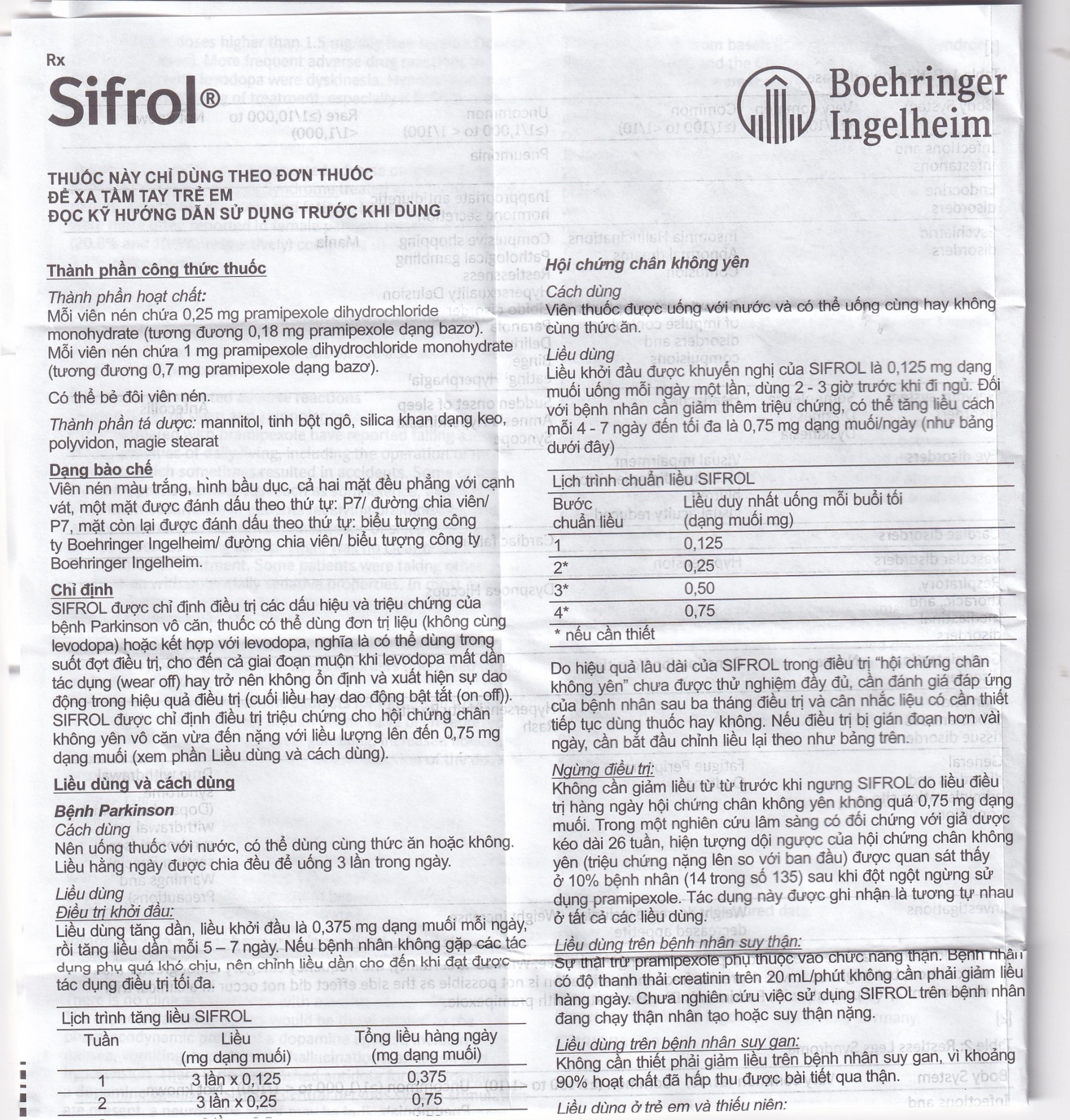 Thuốc Sifrol 0.25mg Boehringer điều trị bệnh parkinson (3 vỉ x 10 viên)