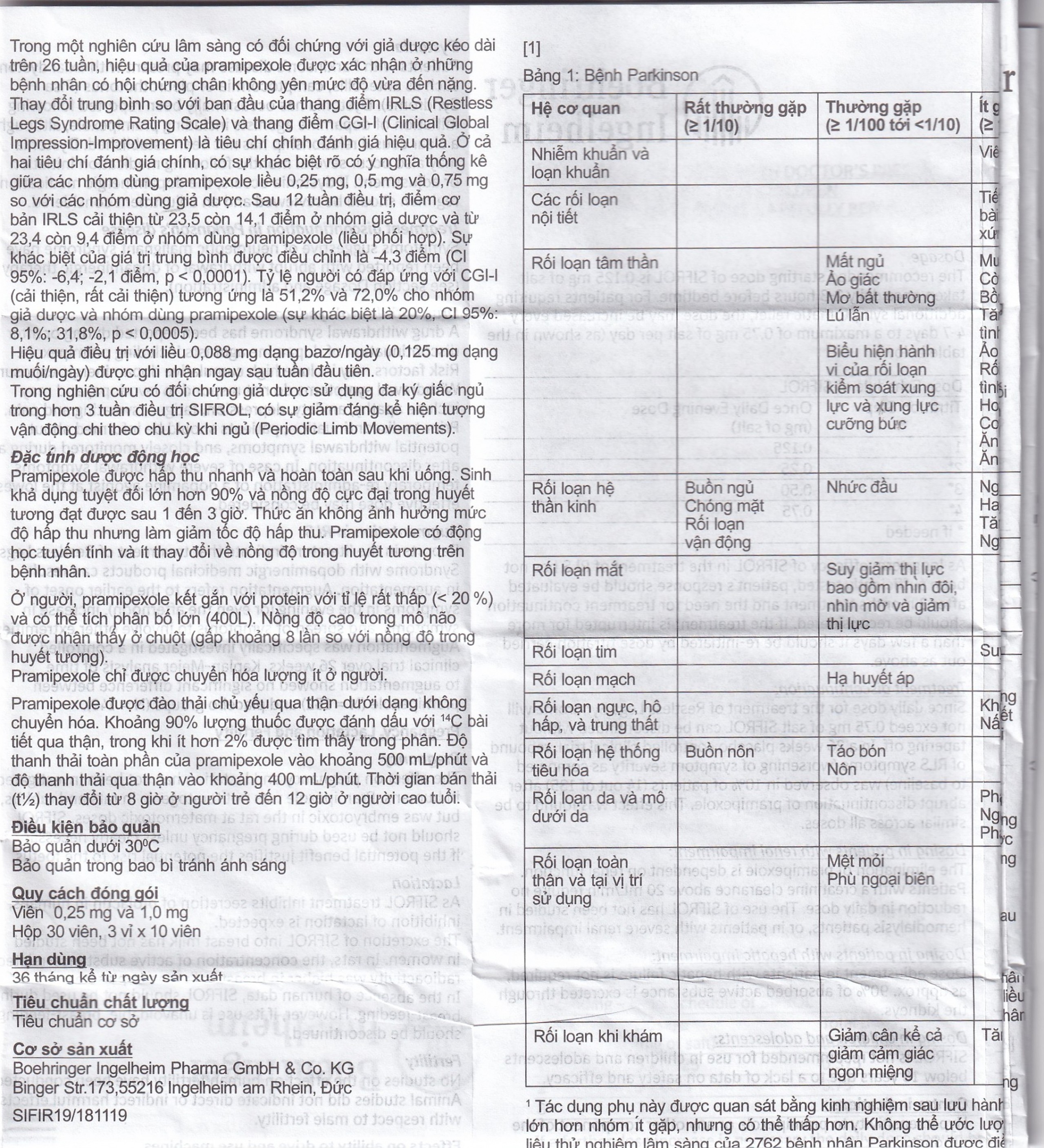 Thuốc Sifrol 0.25mg Boehringer điều trị bệnh parkinson (3 vỉ x 10 viên)
