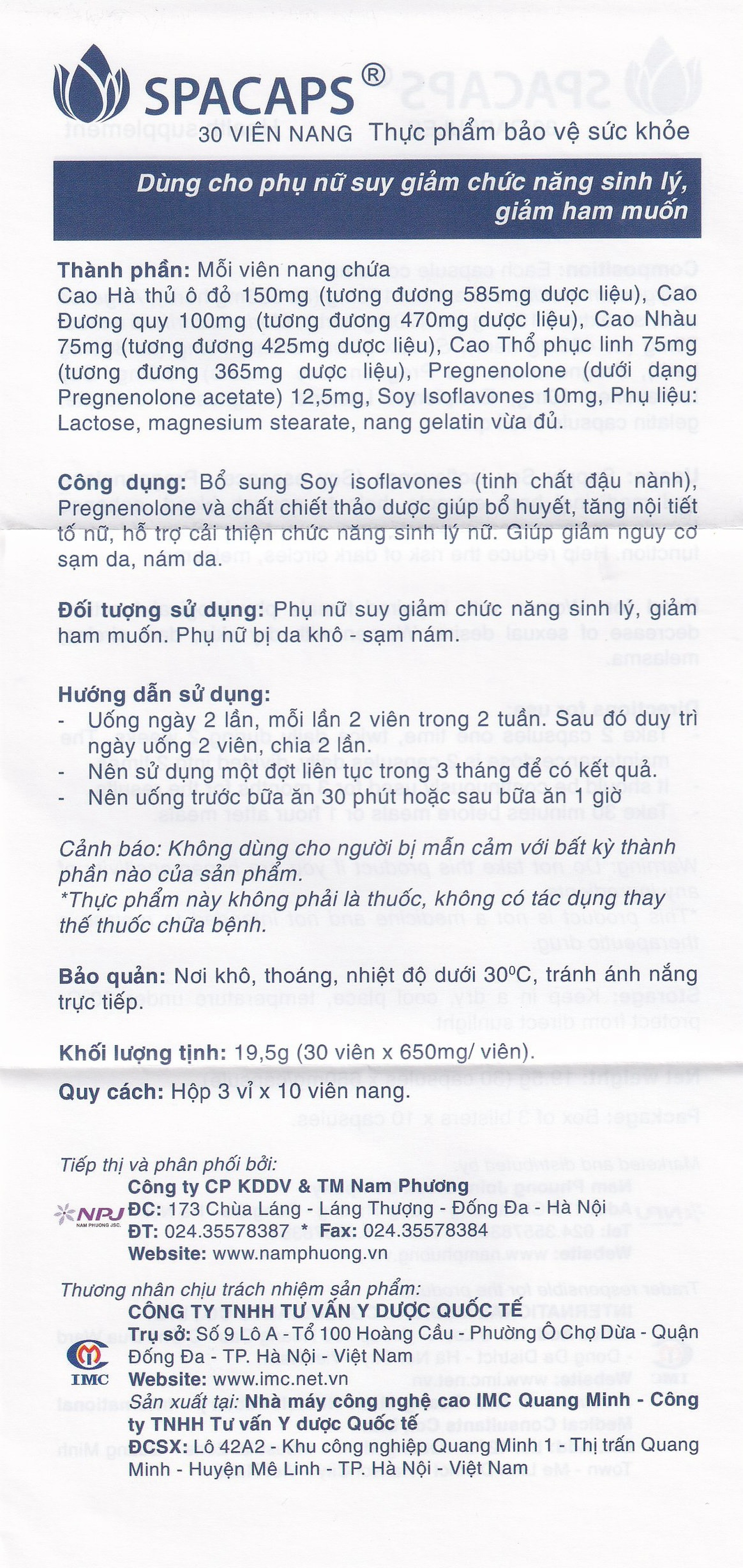 Viên uống Spacaps IMC giúp bổ huyết, tăng nội tiết tố nữ (3 vỉ x 10 viên)