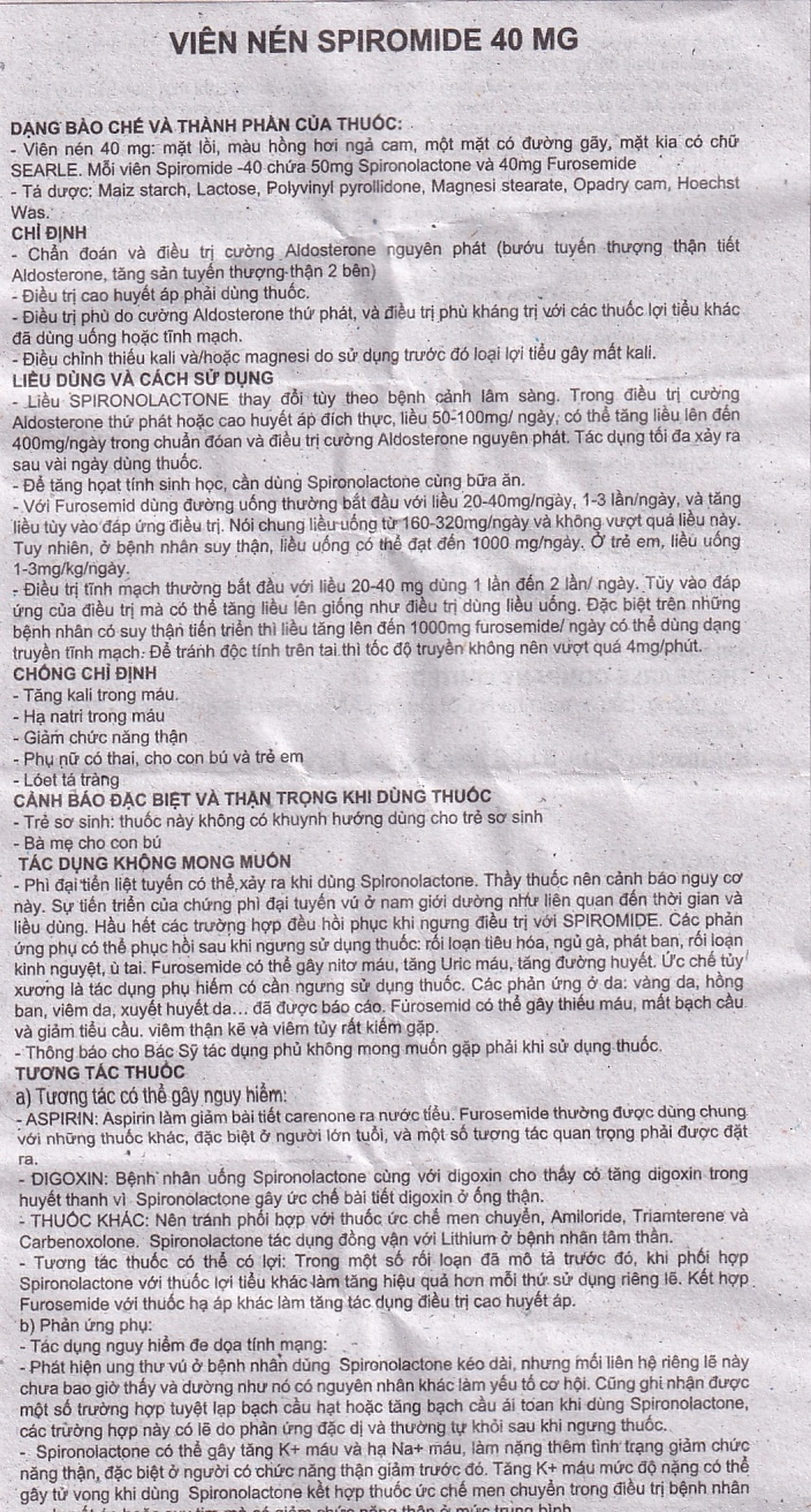 Thuốc Spiromide 40 Searle chẩn đoán và điều trị cường Aldosterone nguyên phát (3 vỉ x 10 viên) 